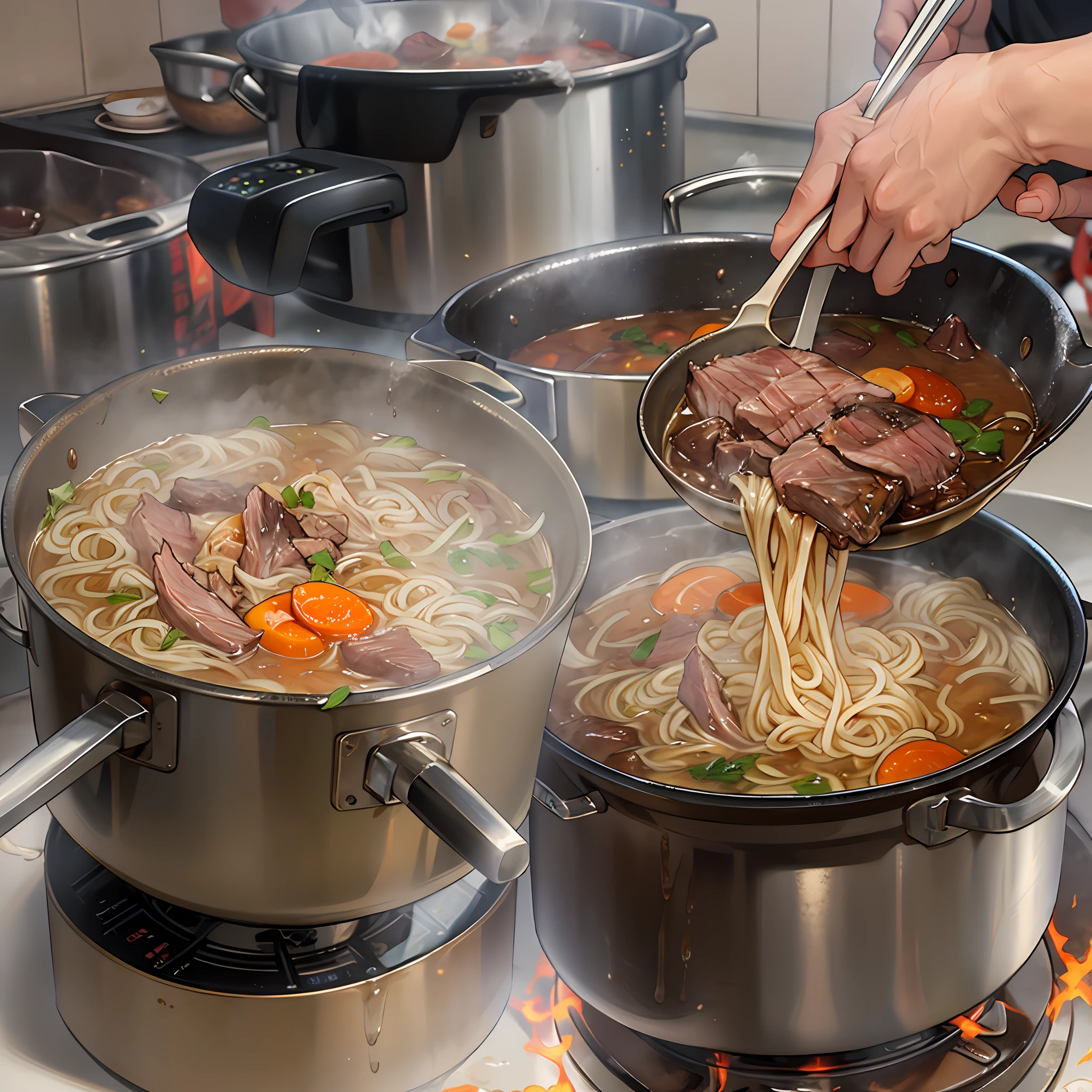 A person scooping out two ladles of beef soup and boiling it in a pot, then adding special beef noodles to cook. The beef soup in the pot is foaming, and the beef noodles are slowly softening in the boiling water. After about ten seconds of cooking, the fire is turned off. 32k best quality, super detail, as if you can see the bubbles in the beef soup and the noodles softening.