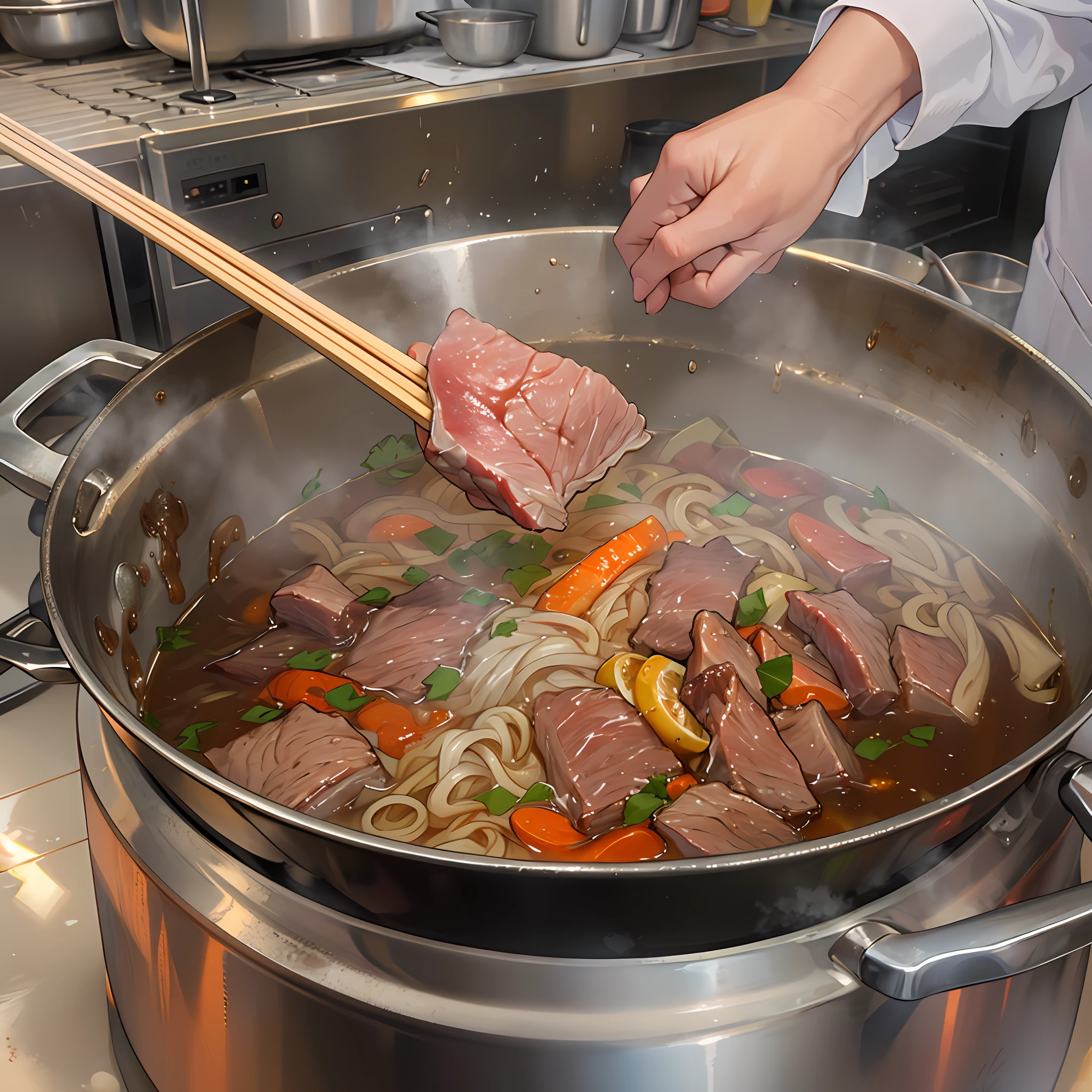 A person scooping out two ladles of beef soup and boiling it in a pot, then adding special beef noodles to cook. The beef soup in the pot is foaming, and the beef noodles are slowly softening in the boiling water. After about ten seconds of cooking, the fire is turned off. 32k best quality, super detail, as if you can see the bubbles in the beef soup and the noodles softening.