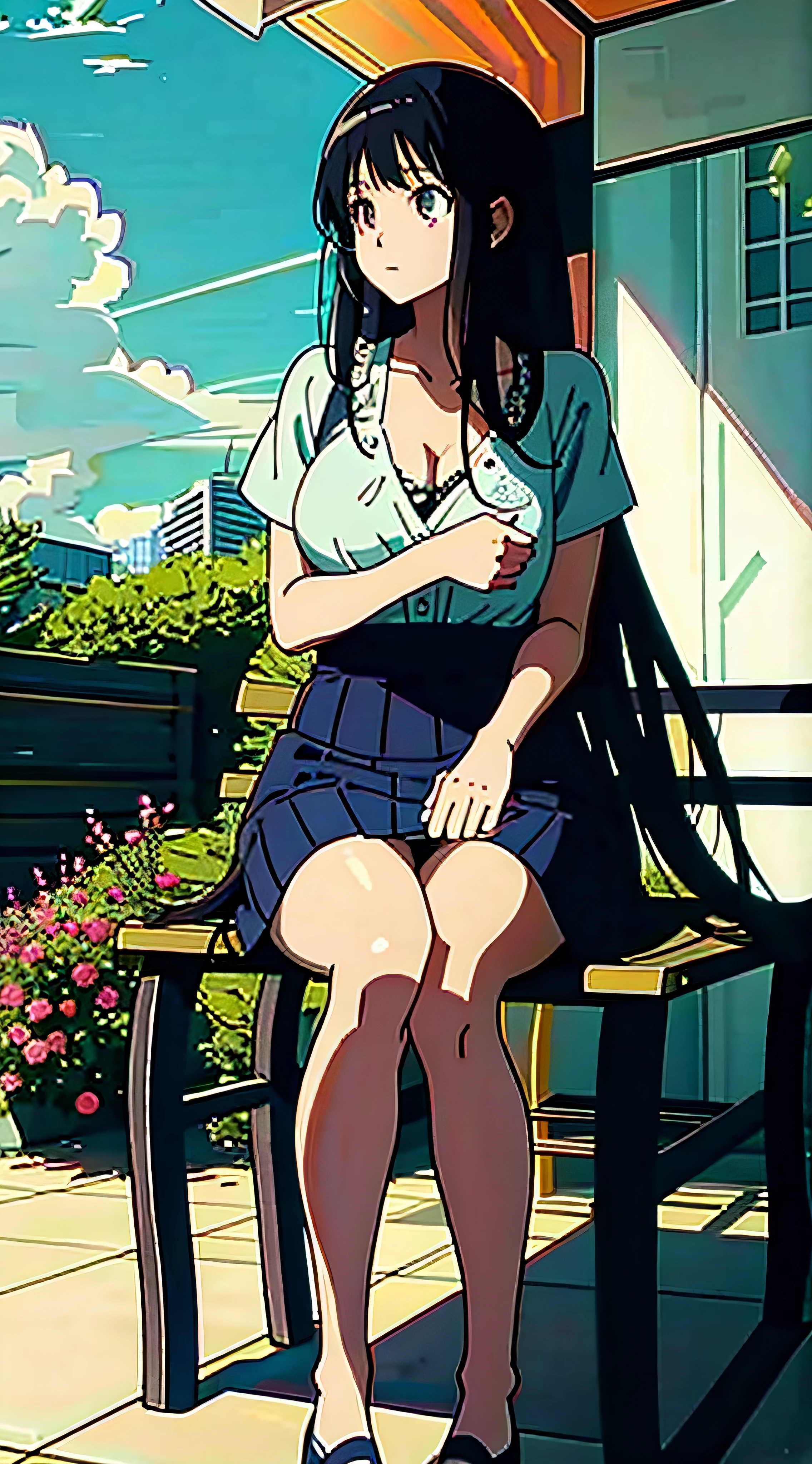 Anime girl sitting on bench in garden,Guviz,guweiz masterpiece,Guviz-style artwork,Beuatiful anime,Beautiful anime girls,smooth anime cg art,Guvitz on the Pixiv Art Station,anime visual of a cute girl,Ethereal anime,(animemanga girl),long hair anime girl,pretty anime girl,blue long hair,White lace bra,huge tit,black lence stockings,