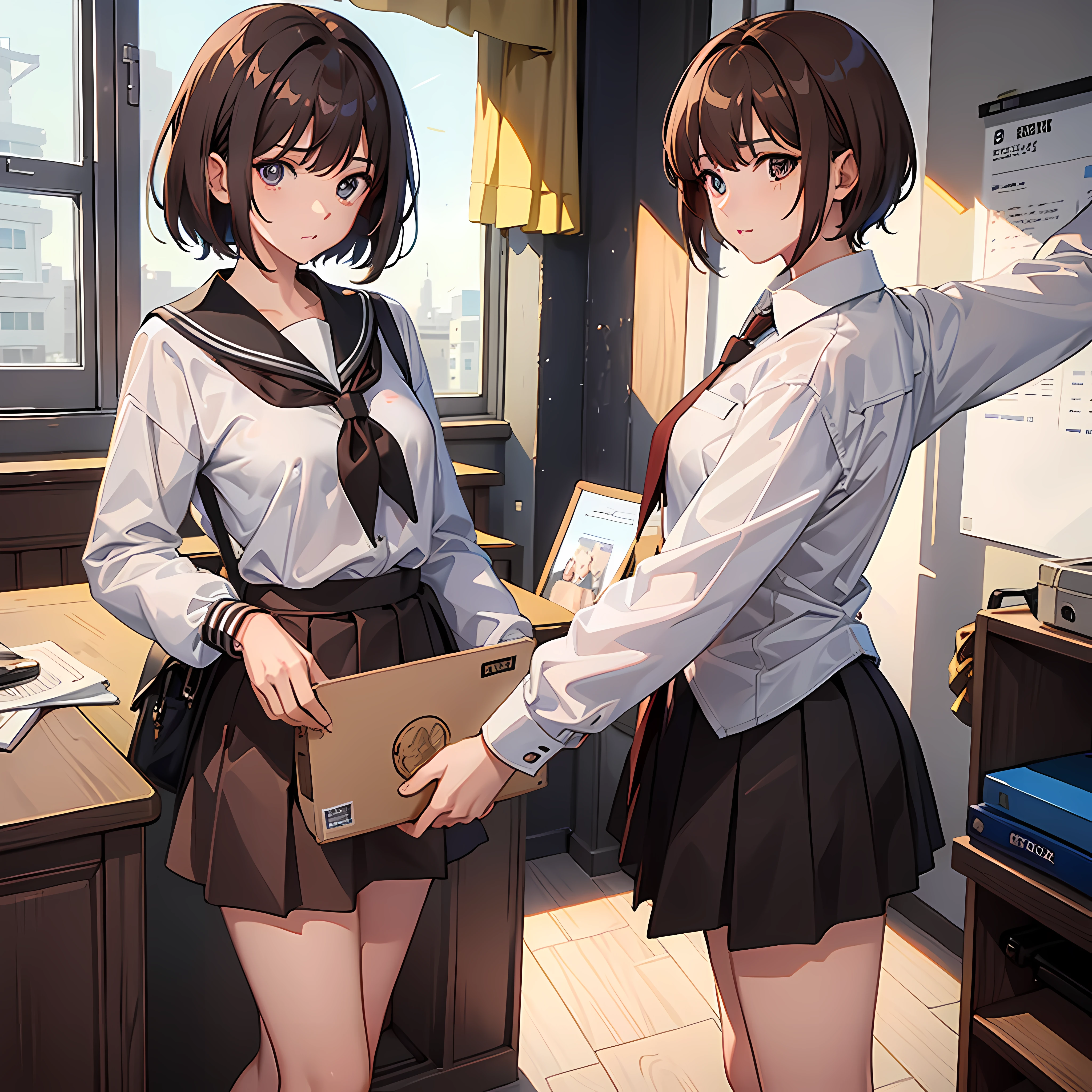 The Masterpiece, best qualiy, brown eyess, Short_hair, Medium_Breast, looking at the viewers, Closed_Mouth, collars_Shirt, School_uniform, shirts, whited_Shirt, , class room, full bodied, miniskirts, 1girl