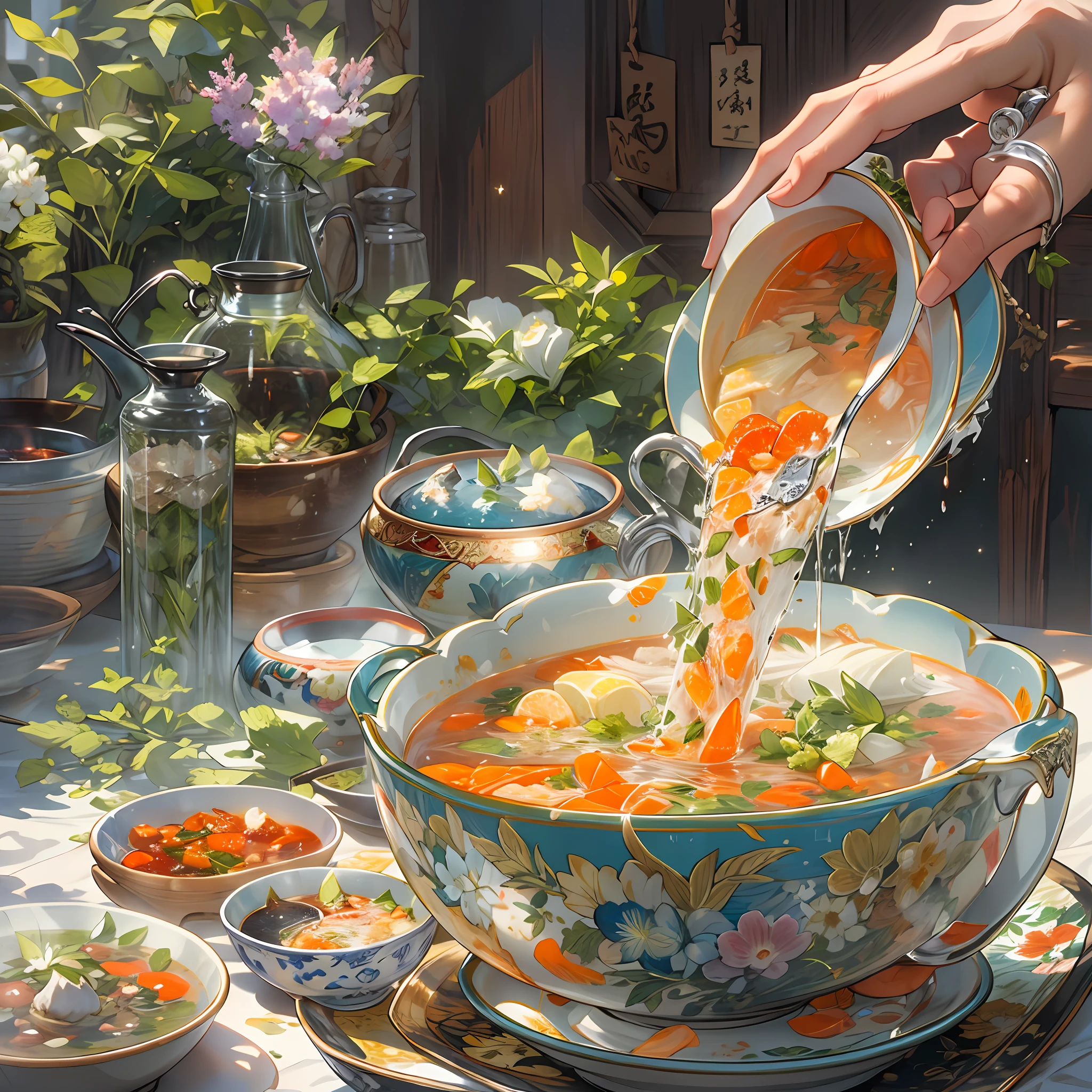 A person pouring soup into a beautifully decorated bowl, clear and fragrant soup flowing, ,in the style of the stars art group xing xing, 32k, best quality, masterpiece, super detail, high details,