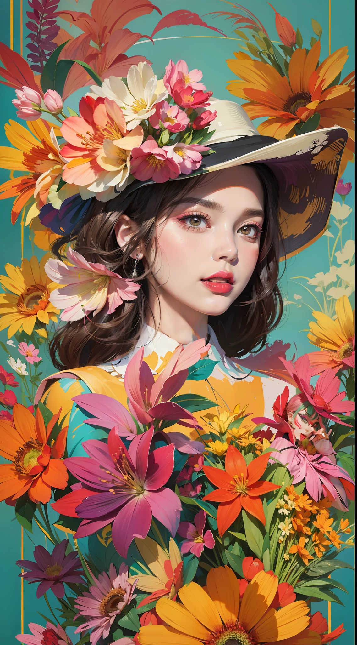 Create a digital art work in pop art style, featureing a vibrant and confident woman with bold makeup and colorfull fashion, cinematic color scheme, surrounded by vintage flowers patterns, energtic brushstrokes,the mood should be dynamic, upper body, drawing, illustration