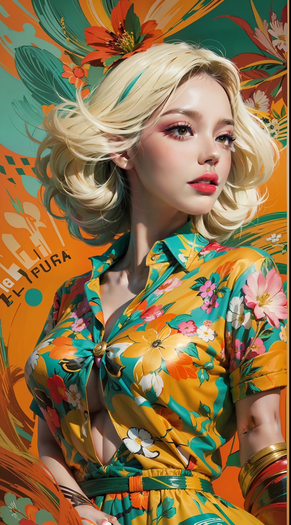 Create a digital art work in pop art style, featureing a vibrant and confident woman with bold makeup and colorfull fashion, cinematic color scheme, surrounded by vintage flowers patterns, energtic brushstrokes,the mood should be dynamic, upper body, drawing, illustration