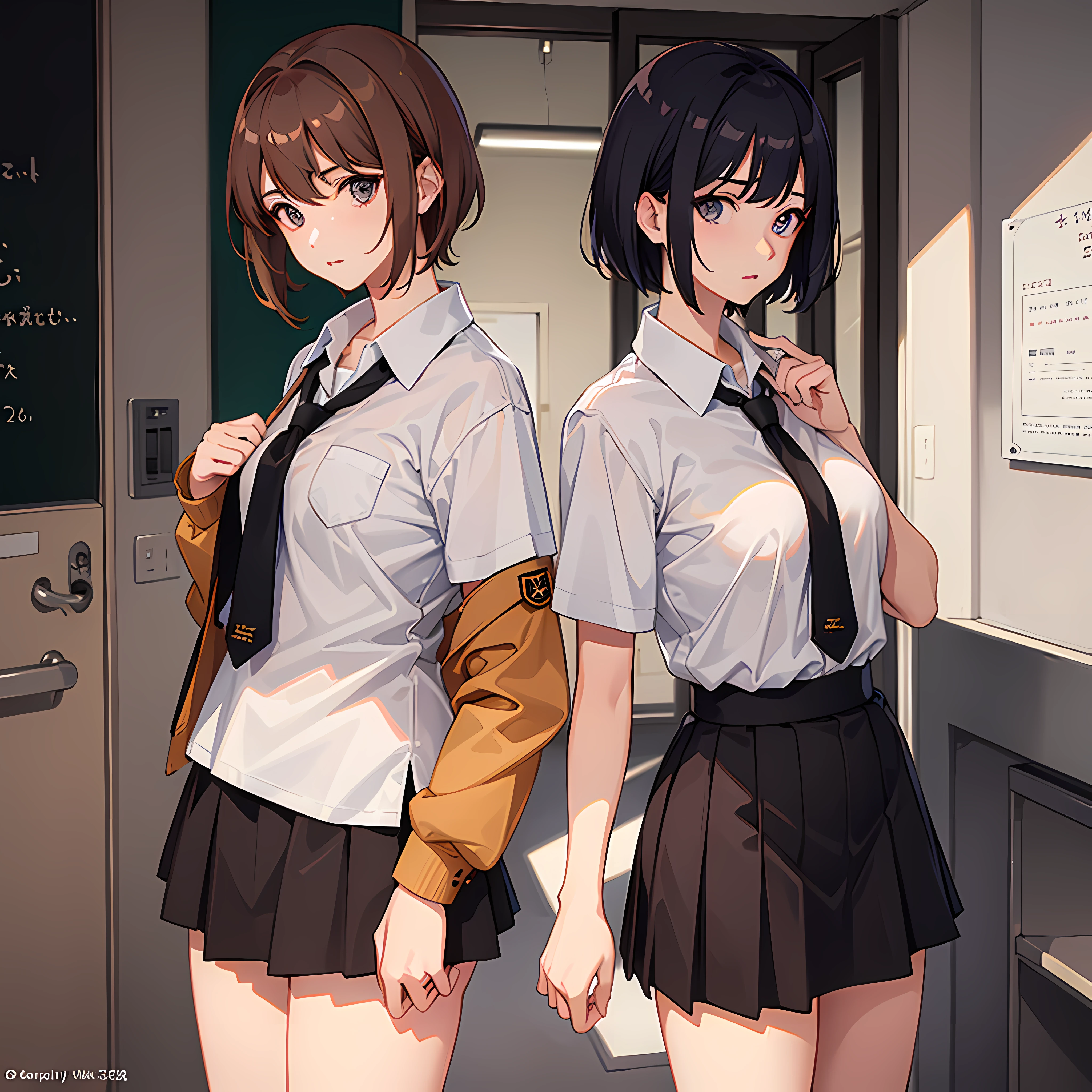The Masterpiece, best qualiy, brown eyess, Short_hair, Medium_Breast, looking at the viewers, Closed_Mouth, collars_Shirt, School_uniform, shirts, whited_Shirt, , class room, full bodied, miniskirts, 1girl