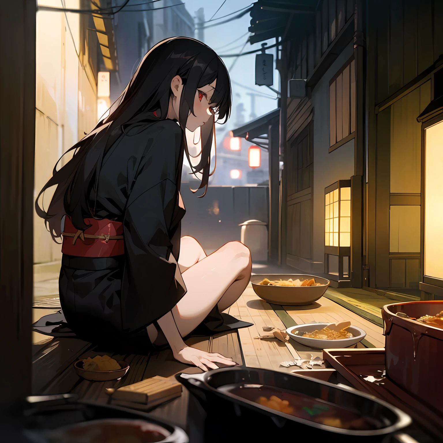 (night:1.2),(Back alley in Japan,casserole),1girl,sit on the ground,messy,empty can,black hair,long hair,messy hair,red eyes,black clothes