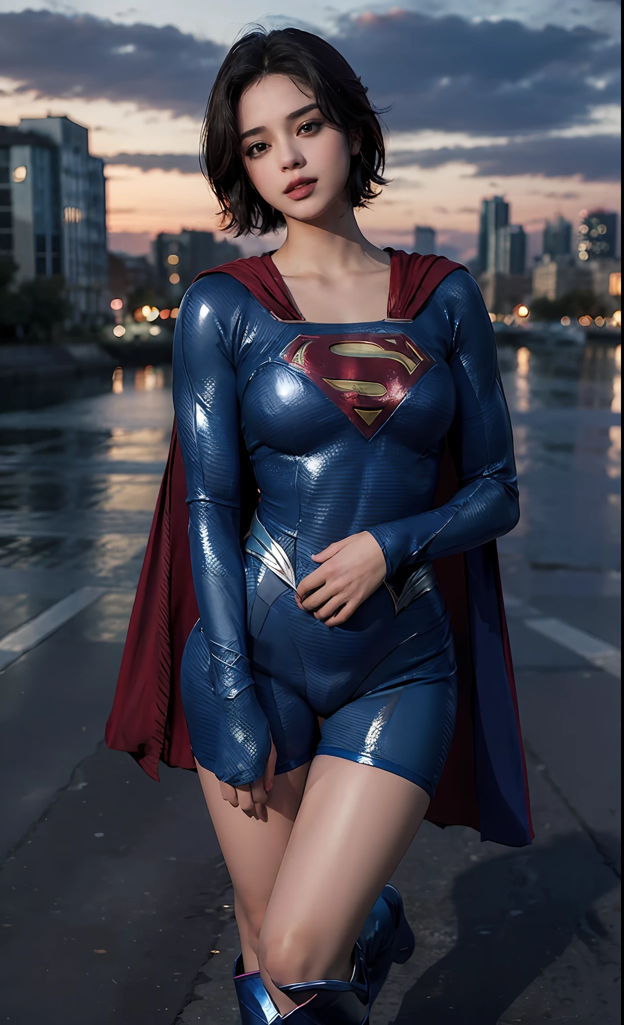 1girl, (twilight), short hair, 
(looking at viewer,( lip biting )), supergirl, cityscape, (flying),blue sky,cloud,parted lips,blue tights and boots,
intricate details,highly detailed,shiny hair,shiny skin,8k resolution,( full body)