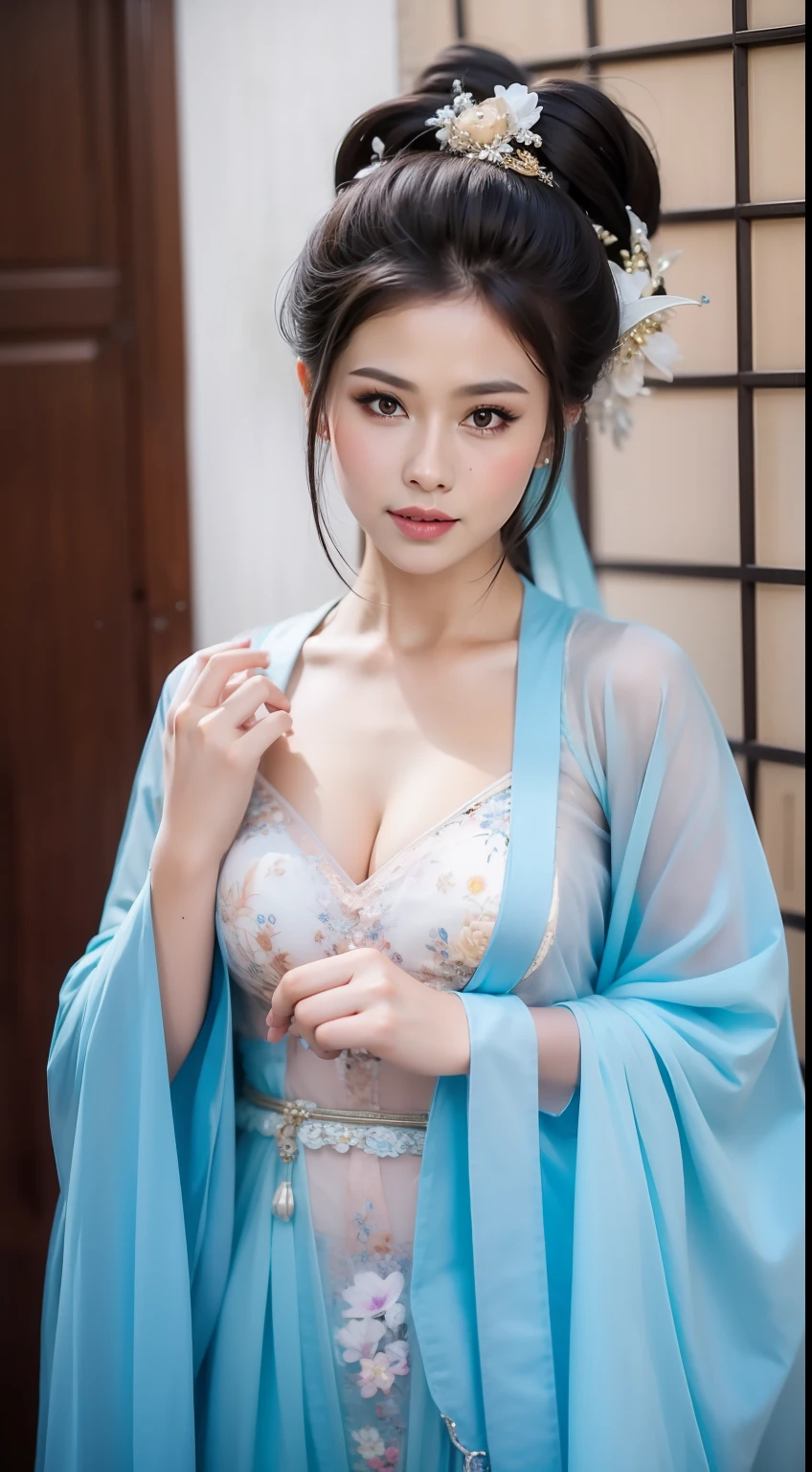 Fashion model  [[[[closeup cleavage]]]], [[[[boobgasm]]]], [[[[coll]]]], [[[[bshoulders]]]], perfect  eyes, Perfect iris，perfect lips，perfect teeth，Perfect skin，Long face，Soft front light，HDR，filmgirl，Xianxia costume，Fairy style，Fluttering like a fairy，lanterns，Bouquet in hand，（pastel colour：1.2）