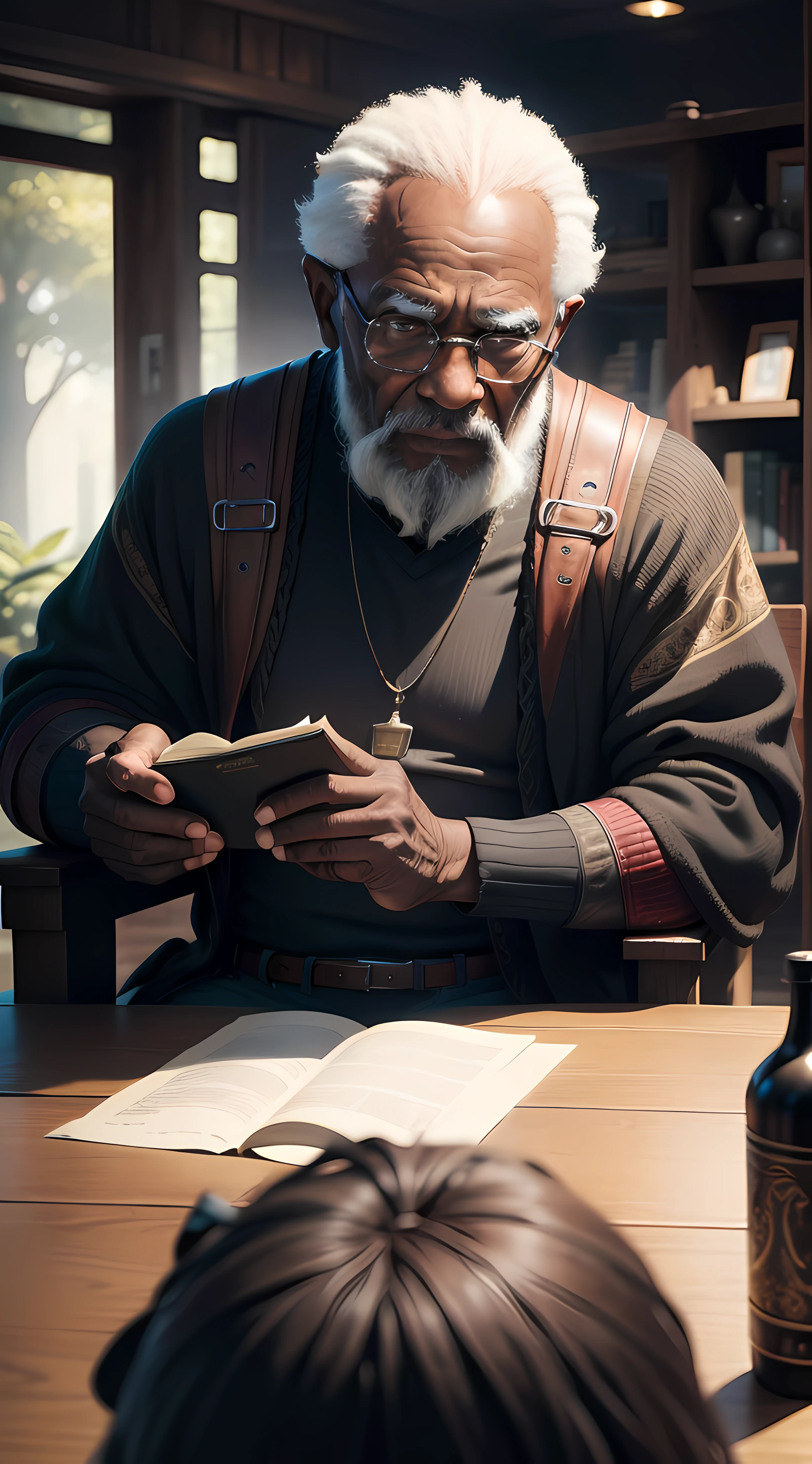 an black old man is sitting in front of an ancient book in the mystery sceen, eyes on the camera, taking a clear image of the old man, Ultra HD, Max Sharpen, 8K, 101K ultra detailed resolution, sf, trending on artstation, focus sharp, studio shot, intricate detail, highly detailed, Ultra Detailed, Ultra HD, Max Sharpen, 8K, 101K ultra detailed resolution, sf, trending on artstation, focus sharp, studio shot, intricate detail, highly detailed