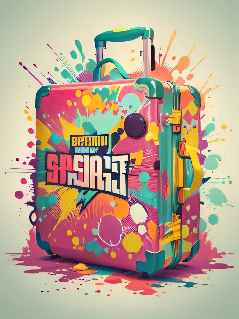 vector art, Colorful illustration of graffiti suitcase, in the center, Bright colors, paint splashes and blots, high detail, whitebackground