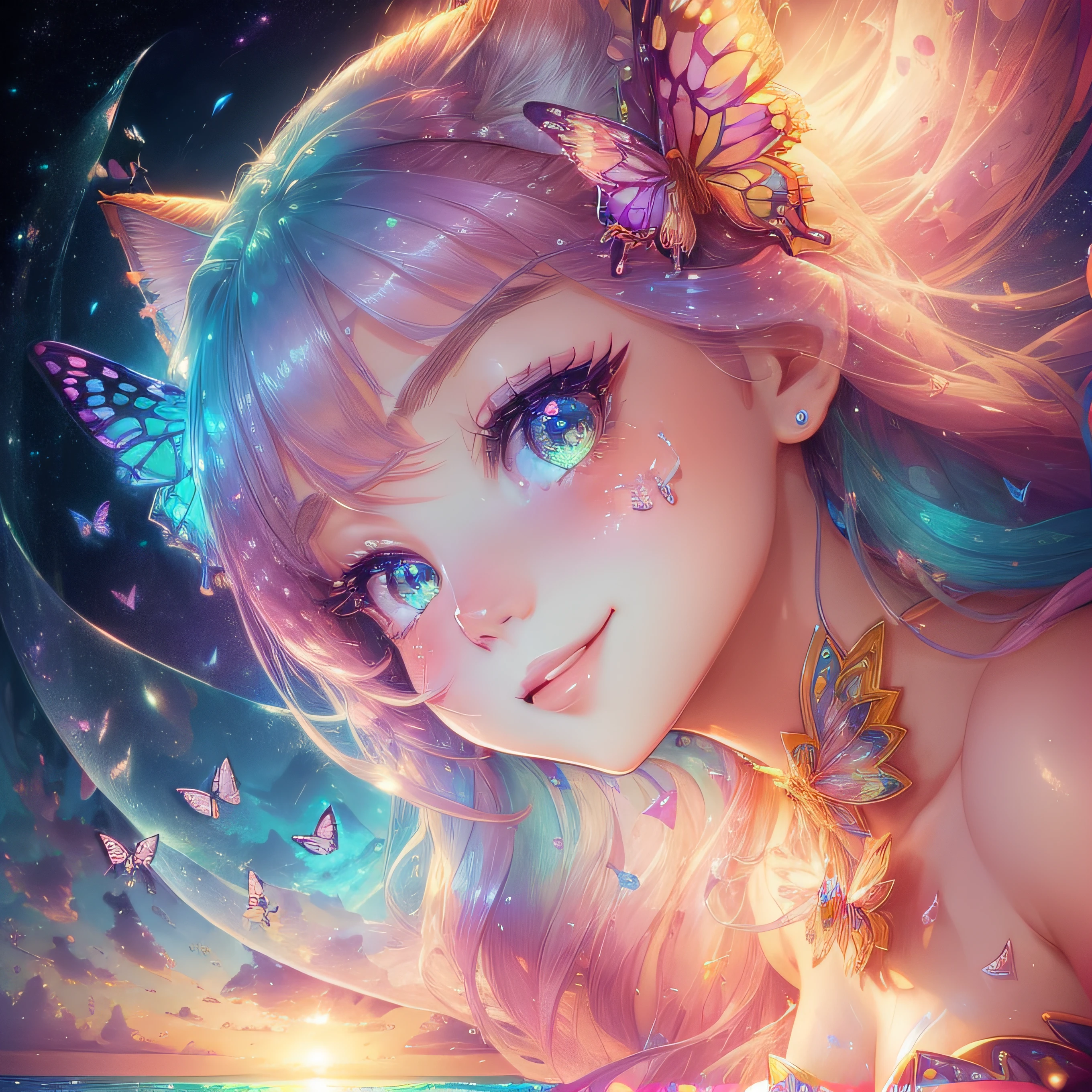 close-up of the smile face、smil、(roundly eyes、Sapphire green eyes,、Glowing eyes、Eye Gloss)、(Open lips、teeth are slightly visible、lipgloss)、dreamlikeart、Highly detailed airbrush art、intricate detailes、Volumetric lighting、top-quality、The ultra-detailliert、The composition of the movement、Highly detailed colorful details、Irridescent color、Bright lighting、dream-like、Magical、dynamic compositions、The mirror reflects light、Shallow depth of field、ultra-detailliert、mixing exposure、Super masterpiece、vivd colour、colourfull、One woman's face、Cute cat in clothes、Anthropomorphic representation、Rich colors、exquisitedetails、(butterflys,Exquisite butterflies,Ultra CG), (High resolution:1.5)、、Colorful, Transparent gems on the beach、Orange in the sky、pink there、Absolutely enchanting sunset on the beach mixed with yellow、The water is crystal clear and splashing、White sand beach stretches out as far as the eye can see、Dynamic and breathtaking scenes、