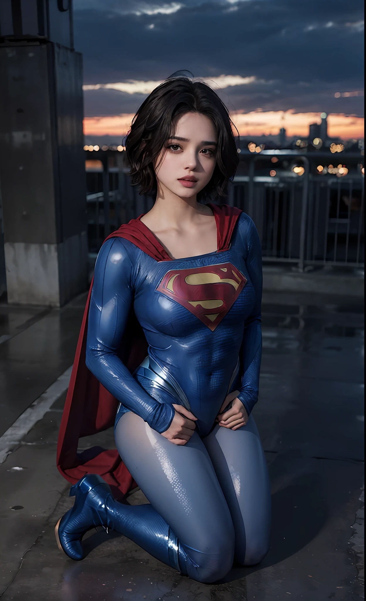 1girl, (twilight), short hair, 
(looking at viewer,( lip biting )), supergirl, cityscape, (flying),blue sky,cloud,parted lips,blue tights and boots,
intricate details,highly detailed,shiny hair,shiny skin,8k resolution,( full body)