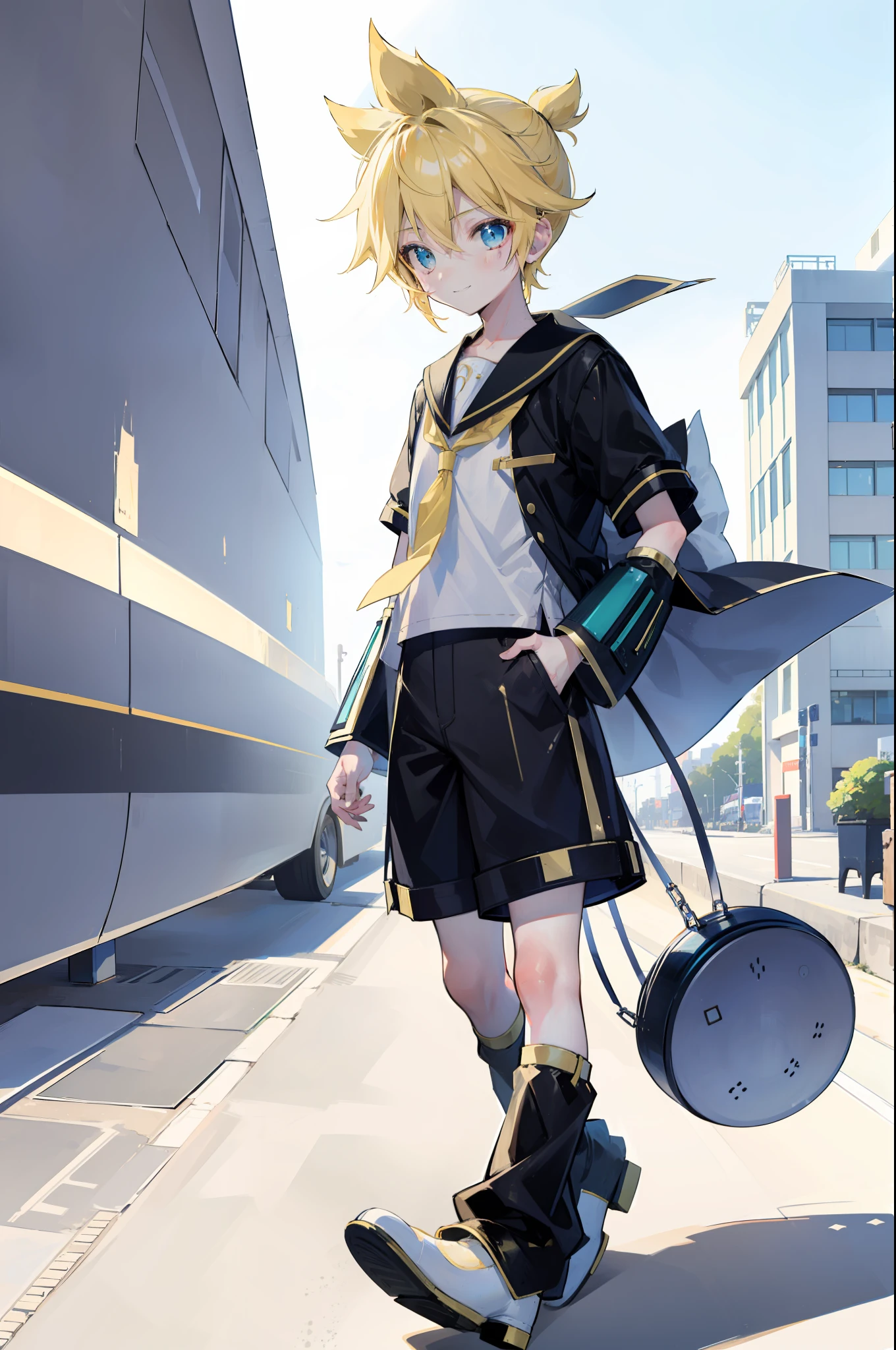one boy, Len_Kagamine, pure, innocent, blush, sailor uniform, black short pants, outdoor, cowlick hair, cool, slender, handsome, character focus, smile, a little tanned skin, full body, mysterious, angle which is close to boy