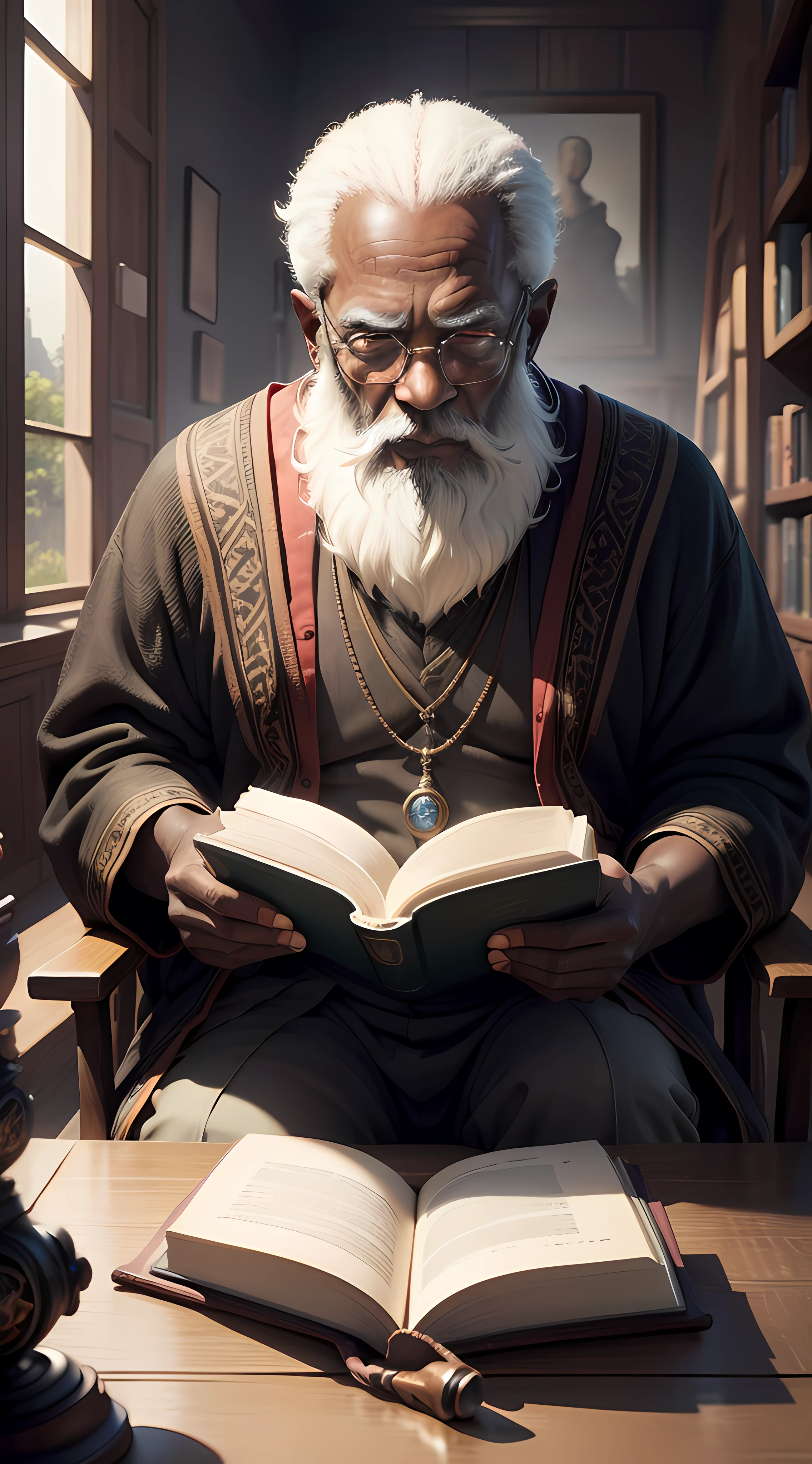 half body of an black scholar old man is sitting in front of an ancient book in the mystery sceen, eyes on the camera, taking a clear image of the old man, Ultra HD, Max Sharpen, 8K, 101K ultra detailed resolution, sf, trending on artstation, focus sharp, studio shot, intricate detail, highly detailed, Ultra Detailed, Ultra HD, Max Sharpen, 8K, 101K ultra detailed resolution, sf, trending on artstation, focus sharp, studio shot, intricate detail, highly detailed