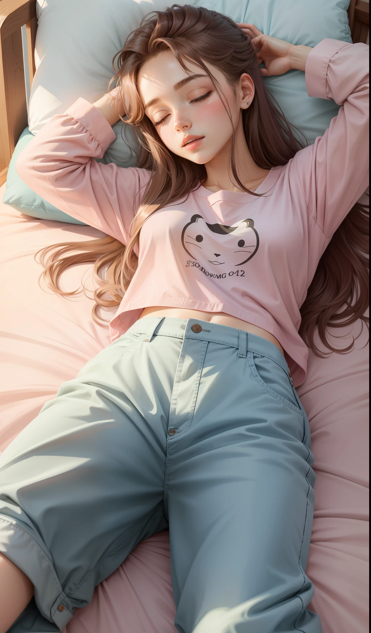 Sleeping girl, 22 years old, realistic, she is wearing long pants, she is wearing pink pajama, brown hair.