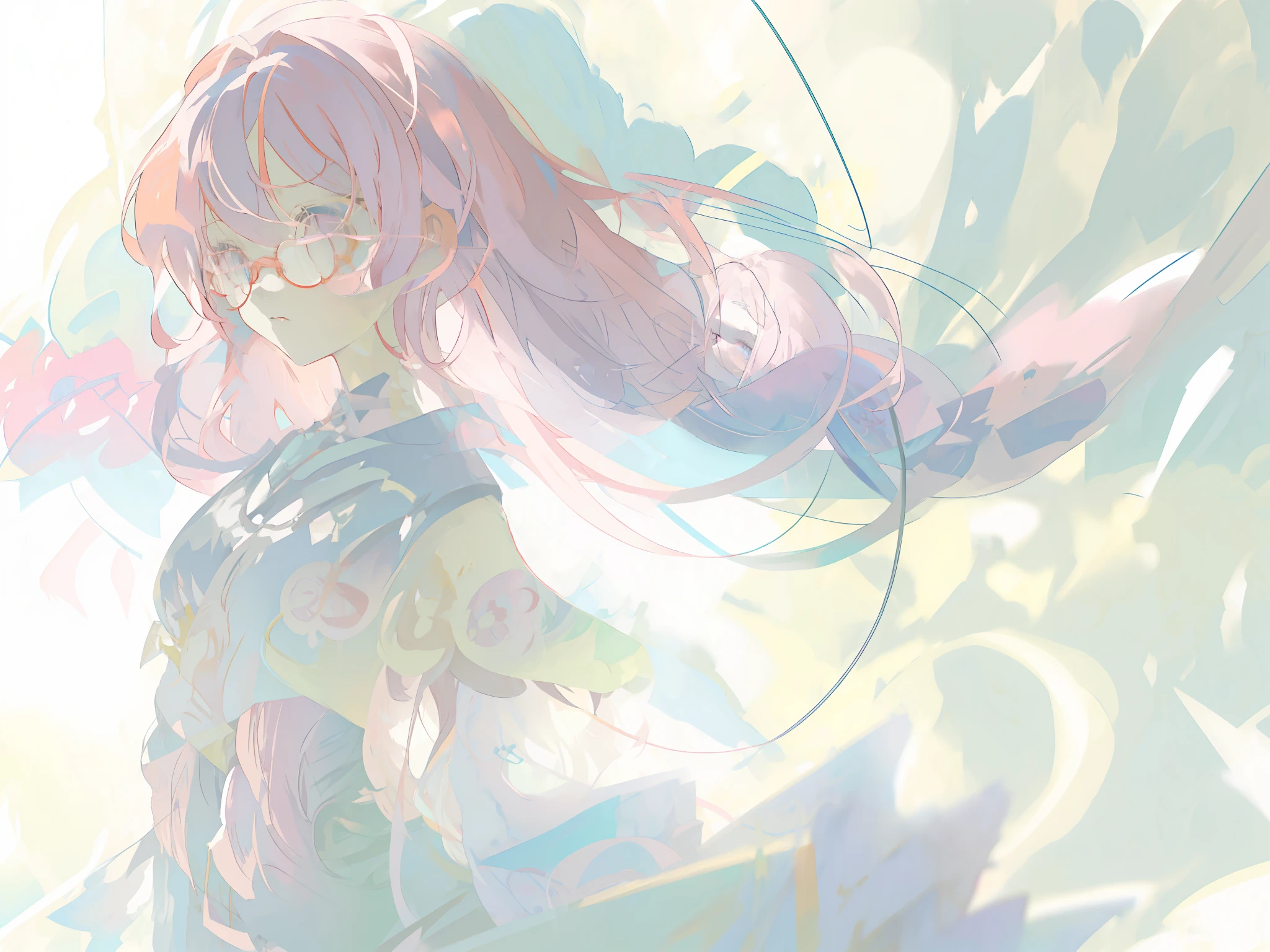 anime girl with long pink hair and glasses in a field, soft anime illustration, by Shingei, pastel coloring, colorful sketch, zerochan art, ethereal anime, flat anime style shading, pastelwave, airy colors, digital art on pixiv, beautiful anime art style, anime artstyle, ethereal background, by Ai-Mitsu, anime moe artstyle