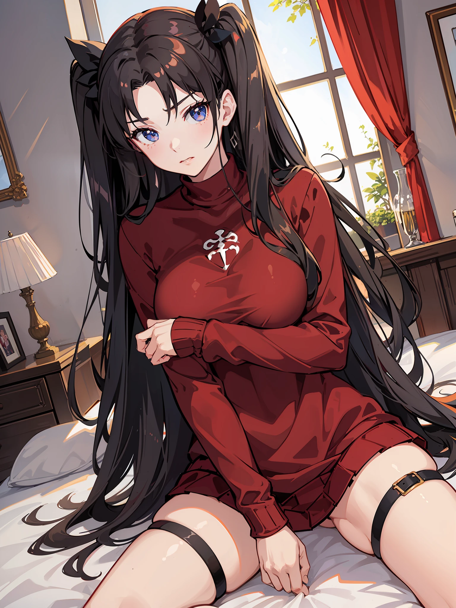 (Best quality), [Masterpiece], (tohsaka-rin), Sexy pose, breast enhancement, Nudity, Red sweater and black skirt, black thigh highs, Black double tail, Blue eyes, on top of the bed, White bed