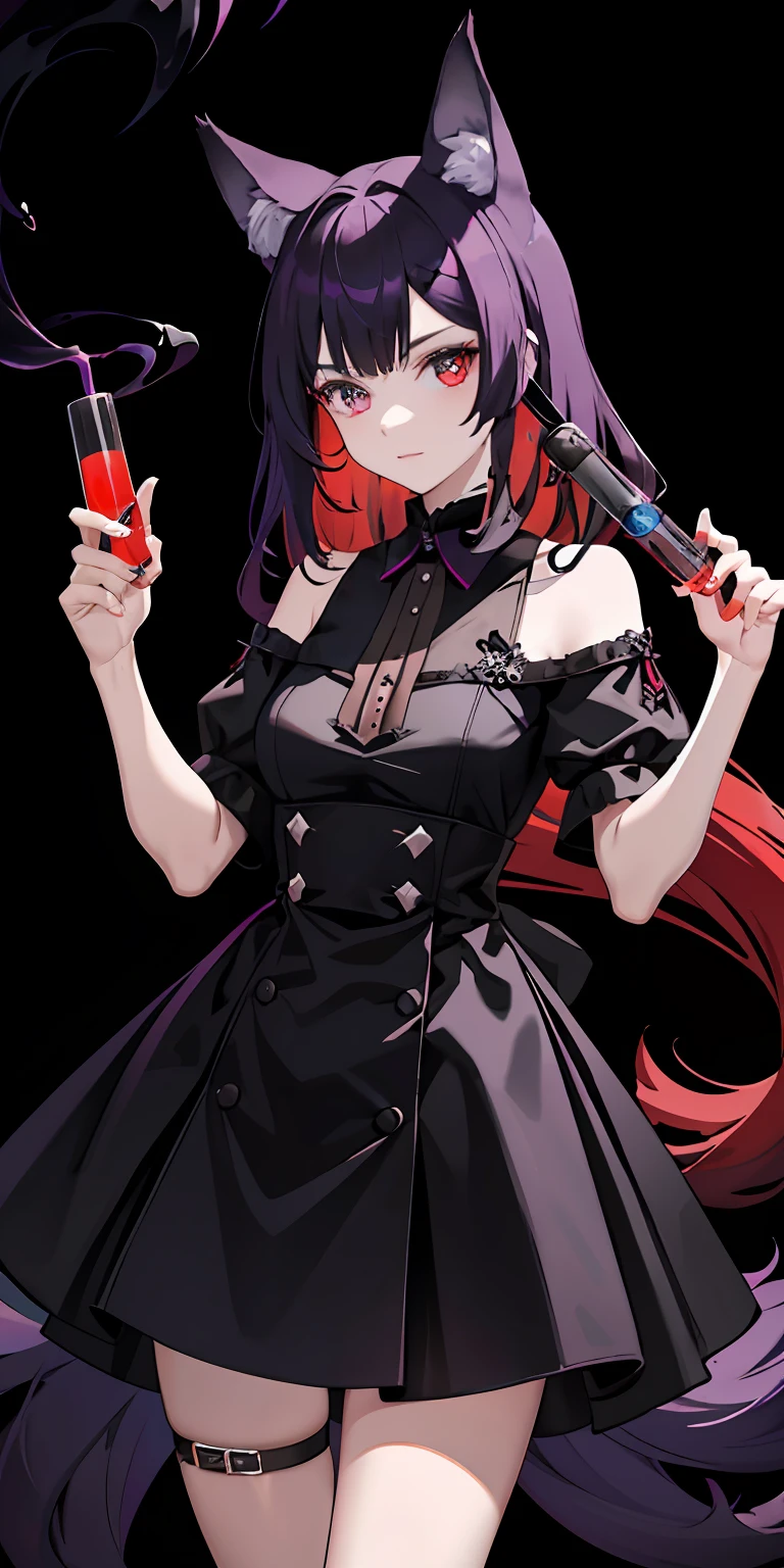 one-girl,There are wolf ears,One eye is red,Wolf tail,Holding several test tubes containing poison in purple smoke,Black and red hair color,Wearing a gothic dress,stocklings,young 17 years old,full bodyesbian