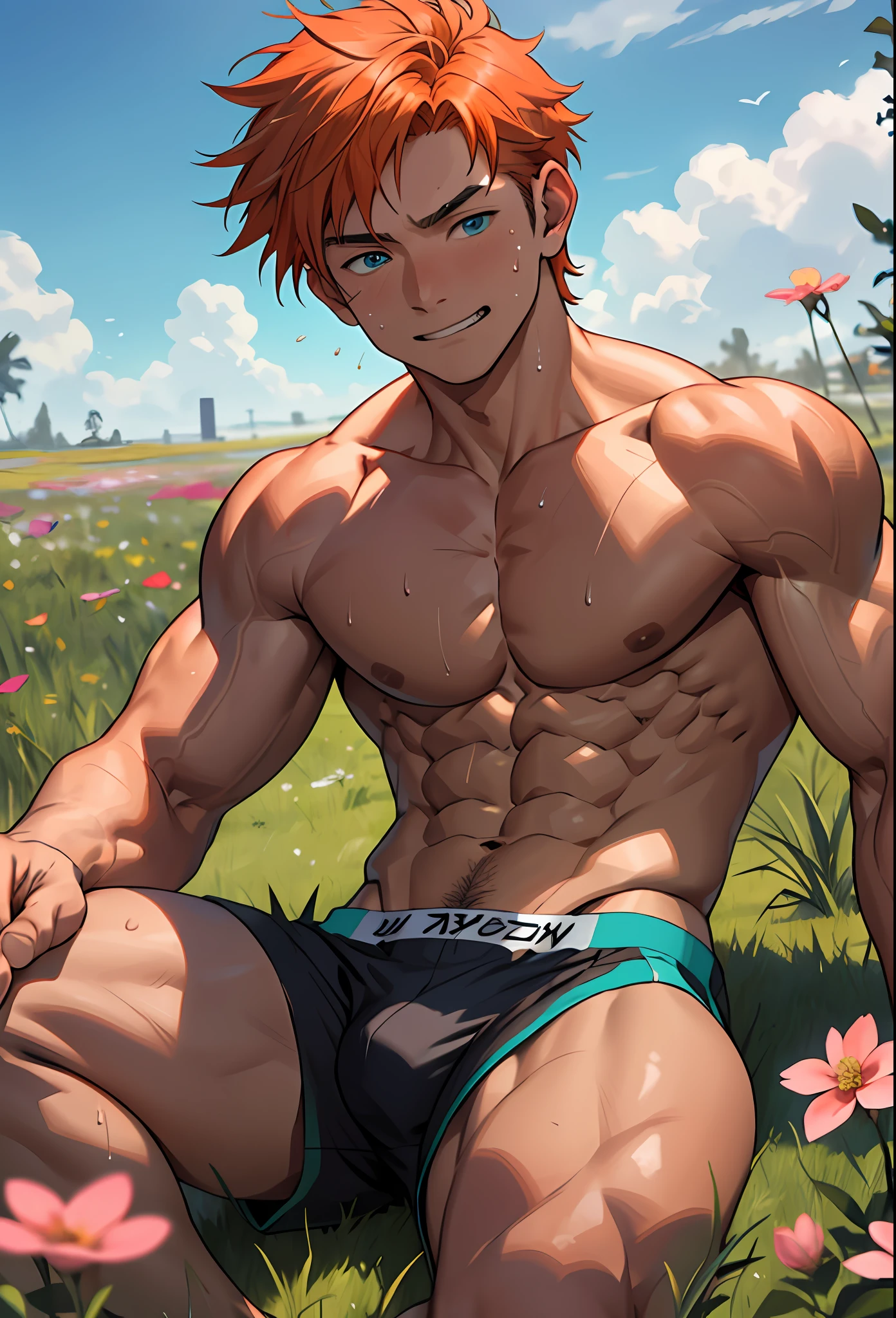 (masterpiece, best quality), 1boy,younge boy,Kid's face,Juvenile faces,sideface,Lying naked in the grass,Covered in sweat,adolable,infancy,Young age,Short round face,Flat chin,Fine face in detail,Colored briefs,musculous, Short bright orange hair, Sky blue eyes,opens his eyes wide, 复杂, full bodyesbian,nakeness,Croaking grin,Teal briefs,Pectoralis abdominal muscles,vivd colour,(depth of fields:1.2),(abs),looking at viewert,Lying in the grass,spread their legs,Large pink flowers,Flowers