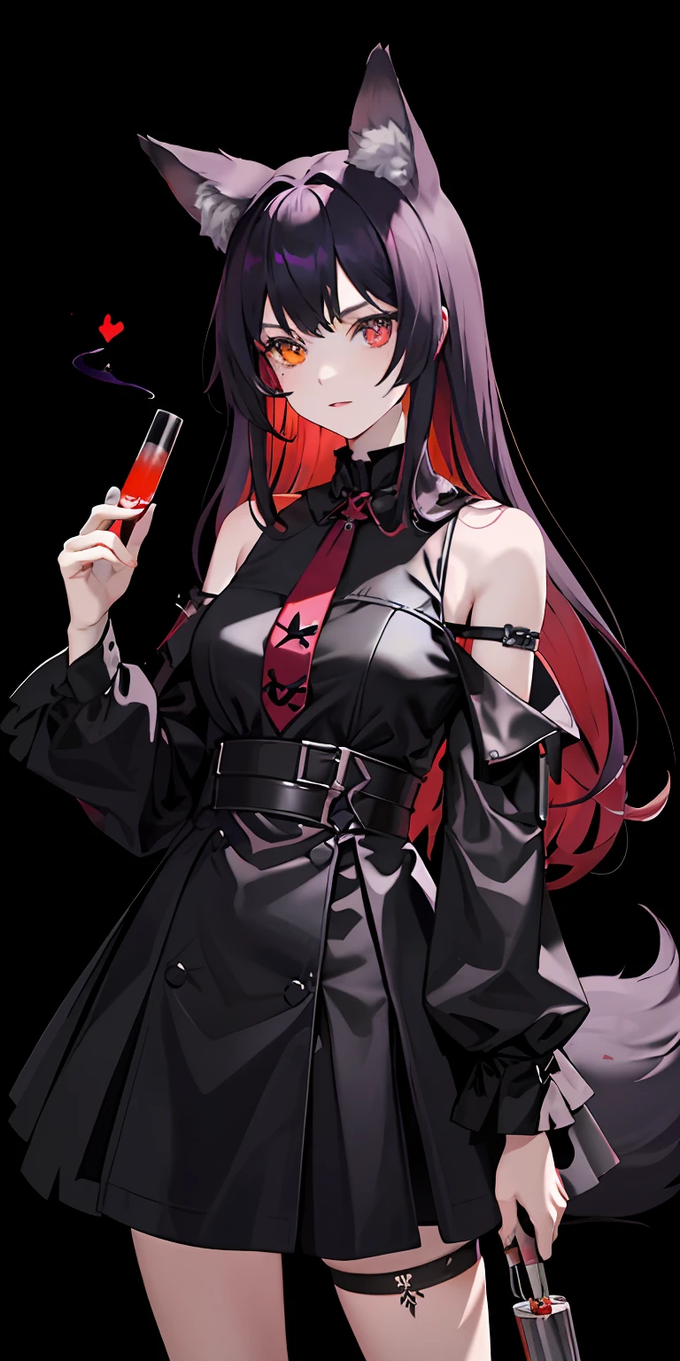 one-girl，There are wolf ears，One eye is red，Wolf tail，Holding several test tubes containing poison in purple smoke，Black and red hair color，Wearing a gothic dress，stocklings，young 17 years old，full bodyesbian
