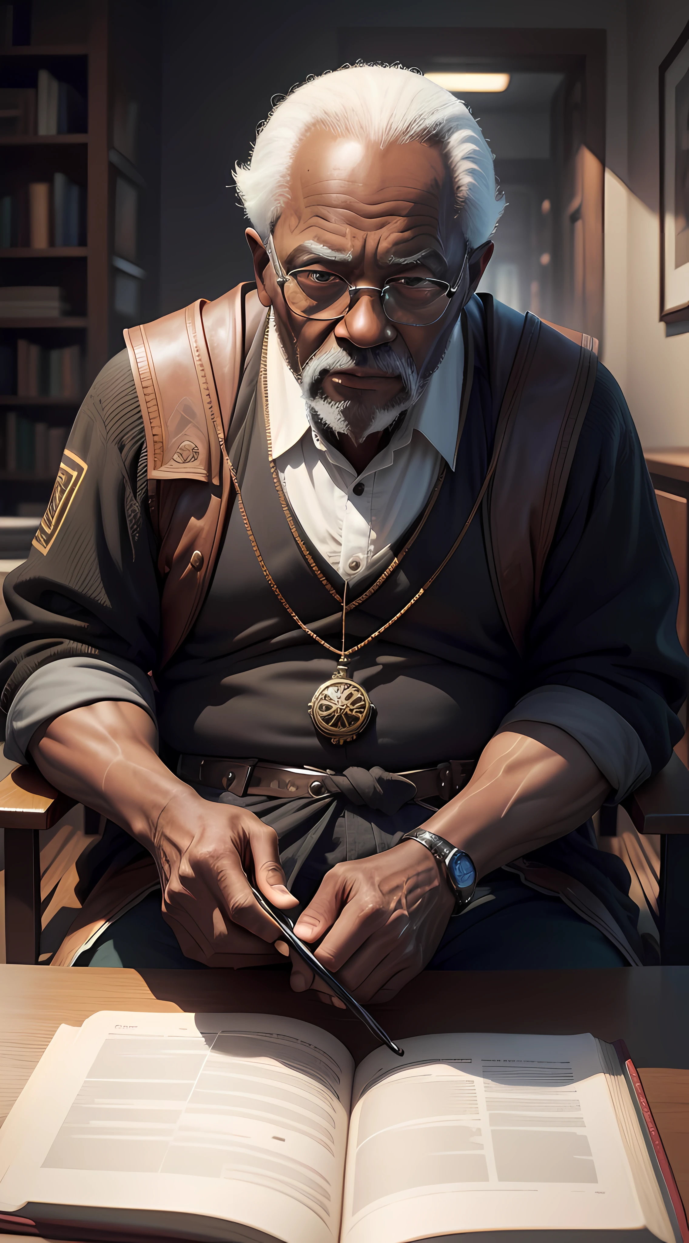 an black old man is sitting in front of an ancient book in the mystery sceen, eyes on the camera, taking a clear image of the old man, Ultra HD, Max Sharpen, 8K, 101K ultra detailed resolution, sf, trending on artstation, focus sharp, studio shot, intricate detail, highly detailed, Ultra Detailed, Ultra HD, Max Sharpen, 8K, 101K ultra detailed resolution, sf, trending on artstation, focus sharp, studio shot, intricate detail, highly detailed