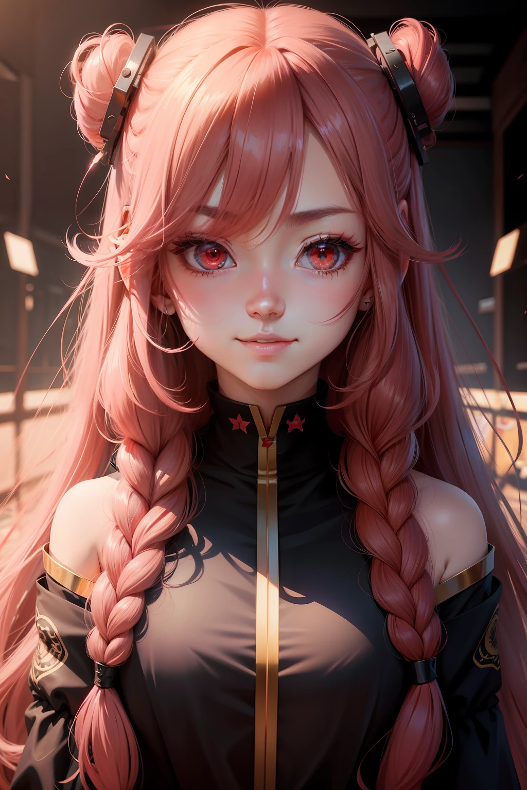 long eyelasher, Ear blush, Long hair, smiley, Red eyes, shadowing, anaglyph, stereograms, tachi-e, angle of view, Atmospheric perspective, Anime style, 8K, Super detail, ccurate, Best quality, hyper HD