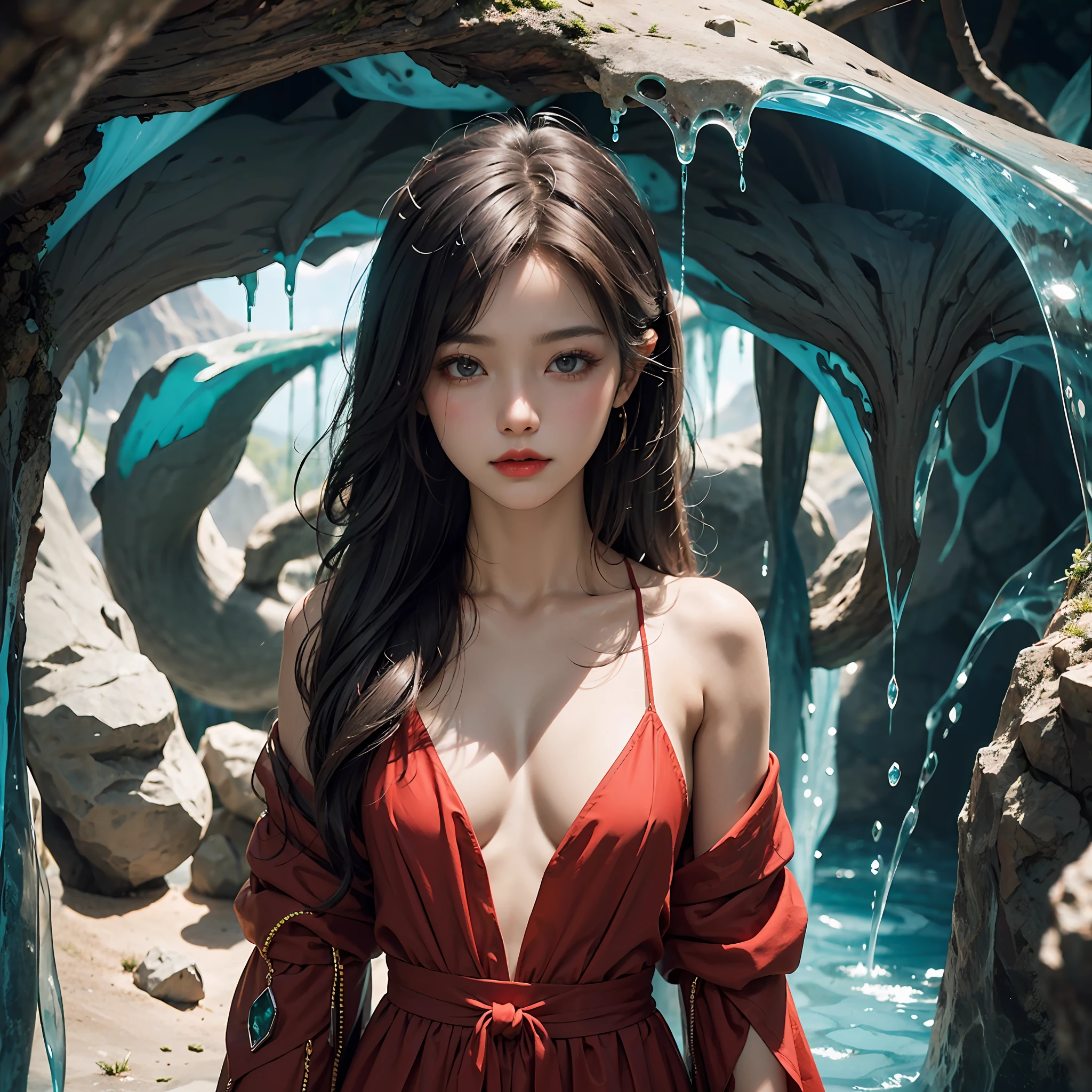 tmasterpiece,(((((AV actress))))),((best qualityer)), (((()))), (Stalactite caves),Simple background。The small mouth opens slightly,White skin,((Messy hair,Ultra-fine hair)),Crimson lip color