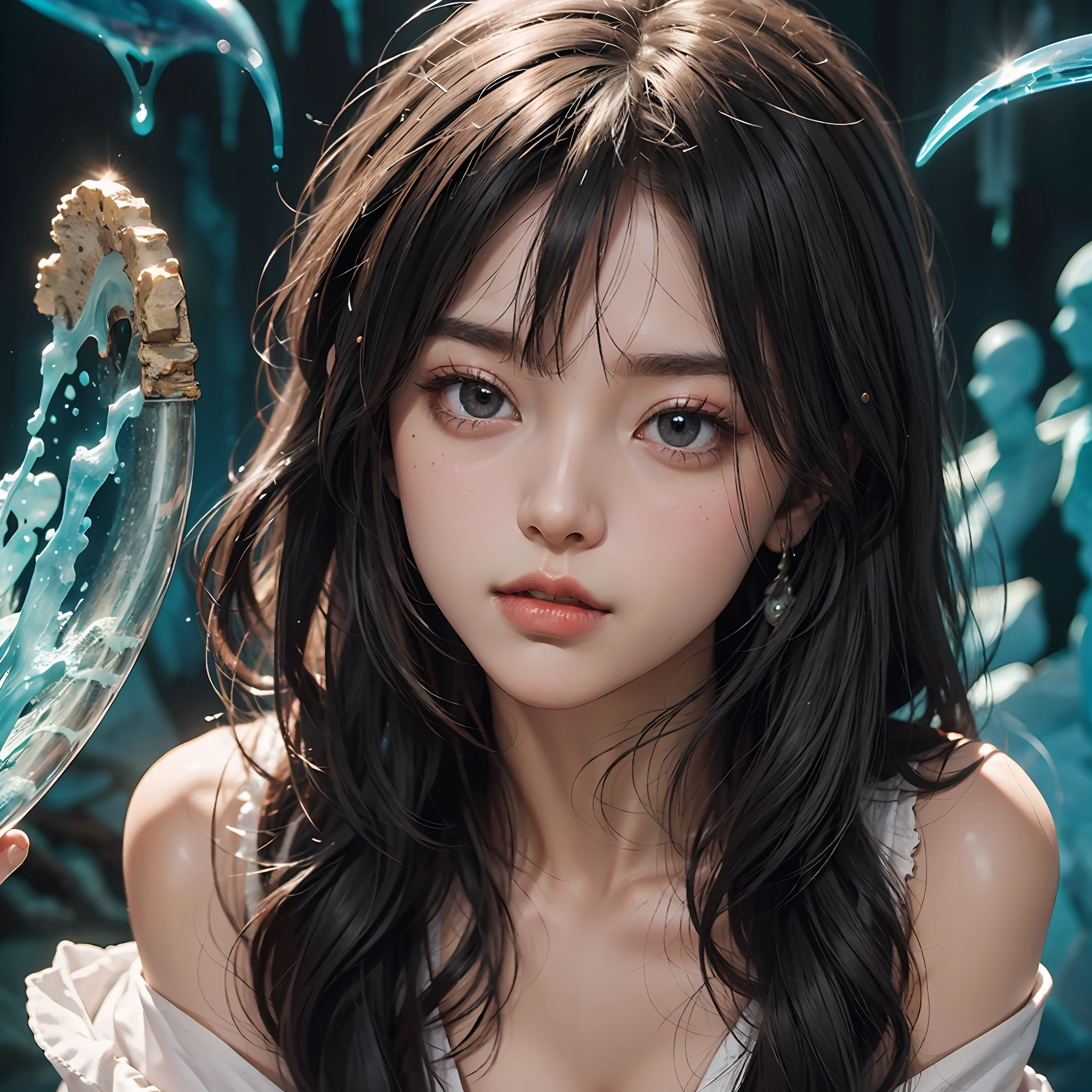 tmasterpiece,(((((AV actress))))),((best qualityer)), ((((cleavage)))), (Stalactite caves),Simple background。The small mouth opens slightly,White skin,((Messy hair,Ultra-fine hair)),Crimson lip color