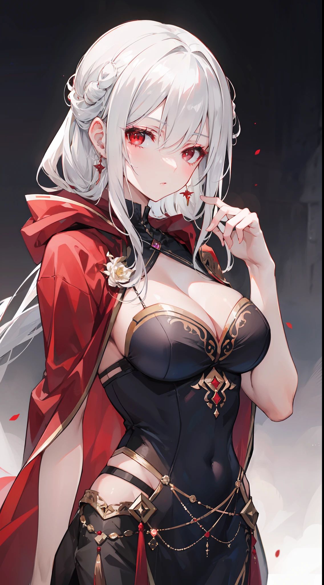 "Epic desert daylight atmosphere, stunning 4k artwork showcasing an elegant milf with her white hair tied up. Her deep red eyes pierce through the scene as she gracefully dons a white heroine cloak and hood in the midst of the vast desert."