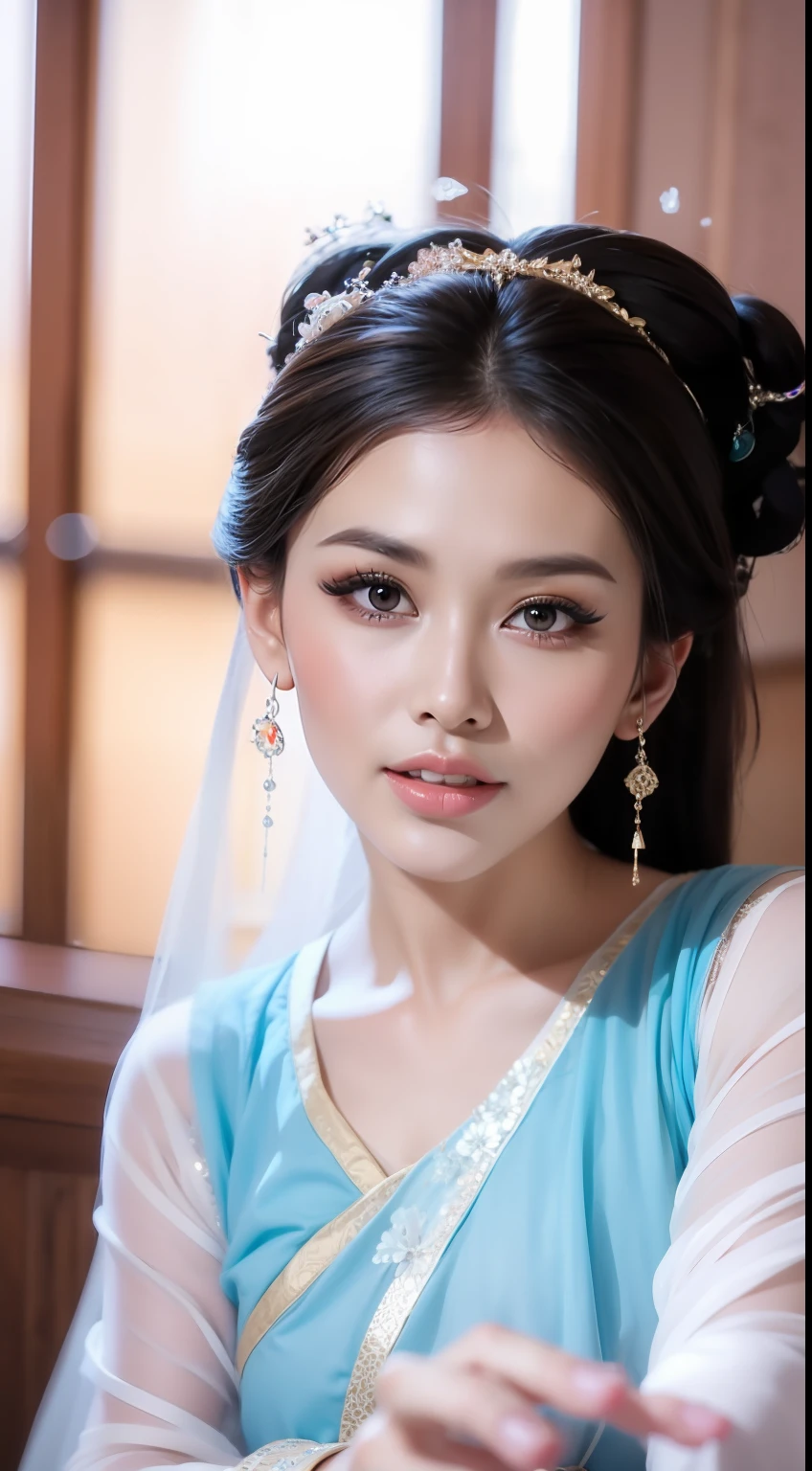 Fashion model  [[[[closeup cleavage]]]], [[[[boobgasm]]]], [[[[coll]]]], [[[[bshoulders]]]], perfect  eyes, Perfect iris，perfect lips，perfect teeth，Perfect skin，Long face，Soft front light，HDR，filmgirl，Xianxia costume，Fairy style，Fluttering like a fairy，lanterns，Bouquet in hand，（pastel colour：1.2）