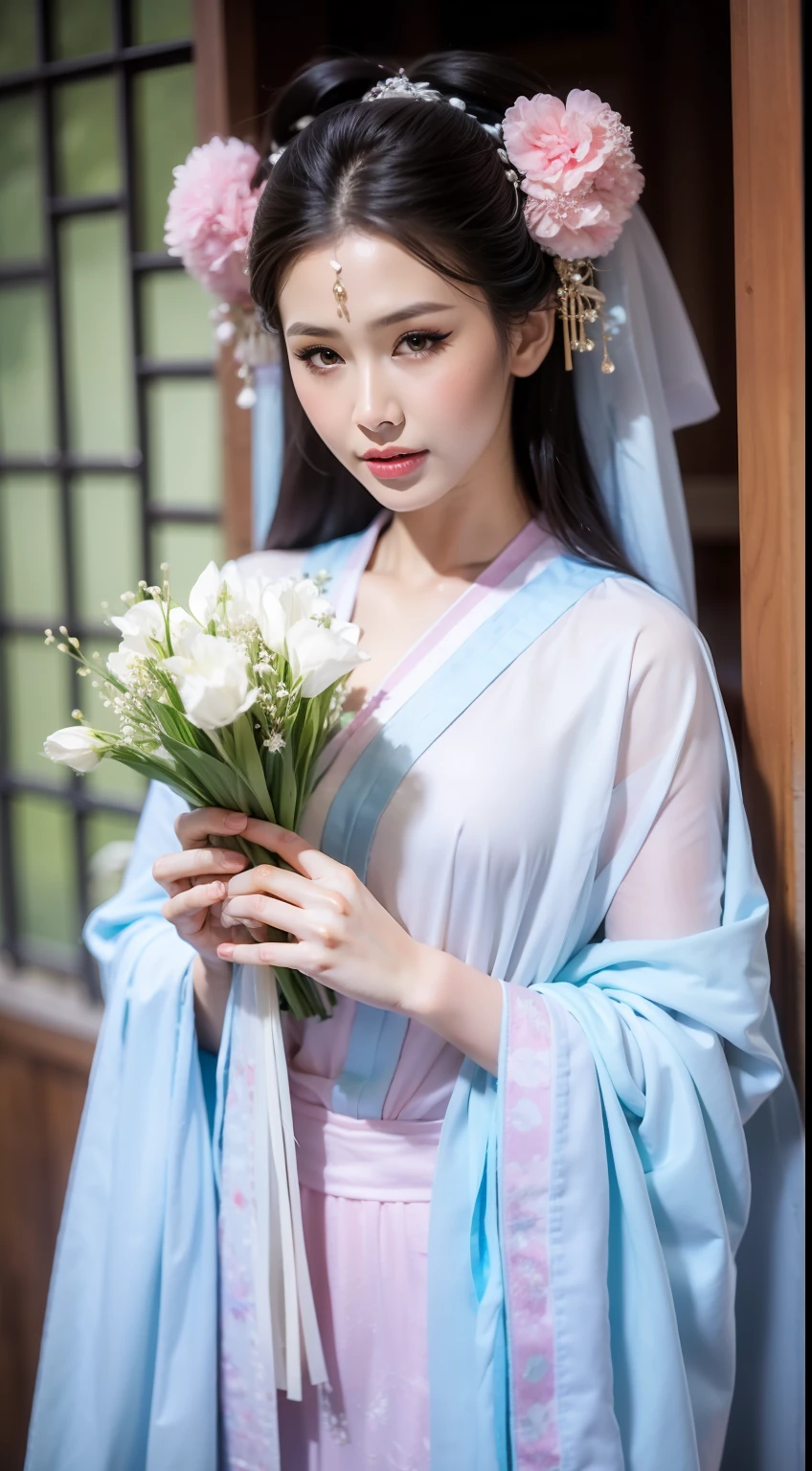 Fashion model  [[[[closeup cleavage]]]], [[[[boobgasm]]]], [[[[coll]]]], [[[[bshoulders]]]], perfect  eyes, Perfect iris，perfect lips，perfect teeth，Perfect skin，Long face，Soft front light，HDR，filmgirl，Xianxia costume，Fairy style，Fluttering like a fairy，lanterns，Bouquet in hand，（pastel colour：1.2）