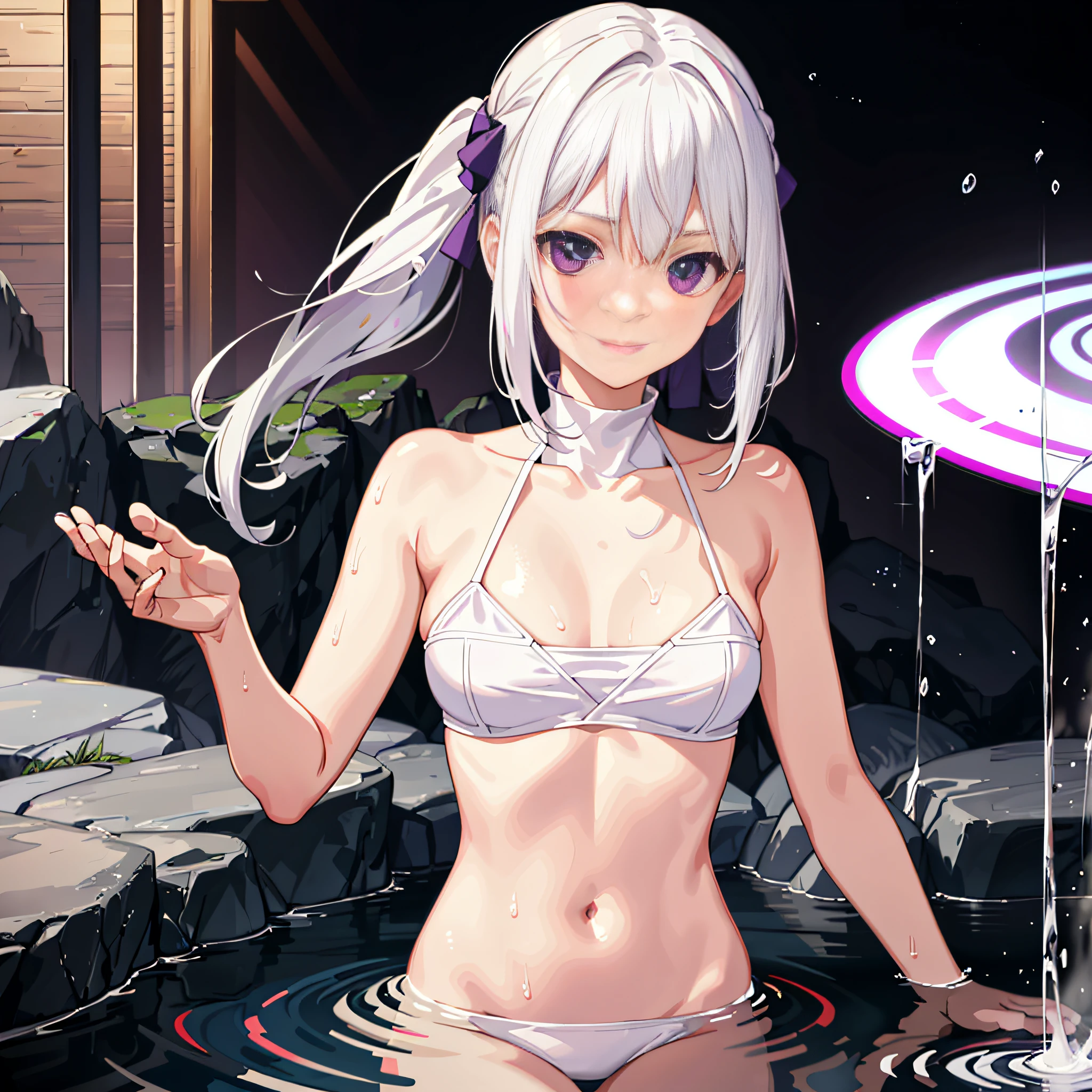 1girl, White hair, Purple eye, sportrait, photorealestic, Towels, (onsen), sidelighting, wallpaper, nsfw, (0 after sex.7) High resolution 1080P upper body in bikini lower body soaking in hot springs