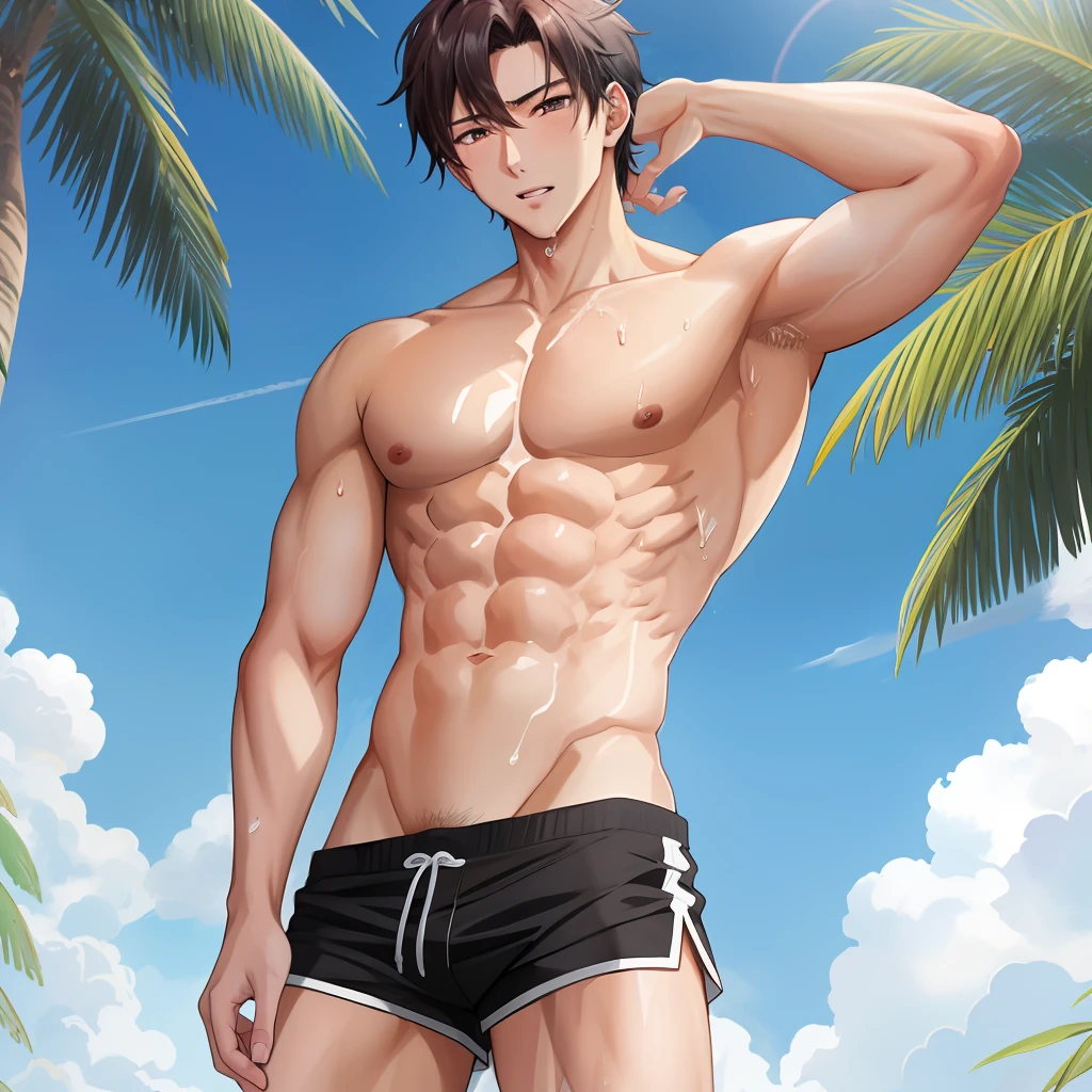 a slim hot anime guy shirtless showing his abs in a hot day, wet