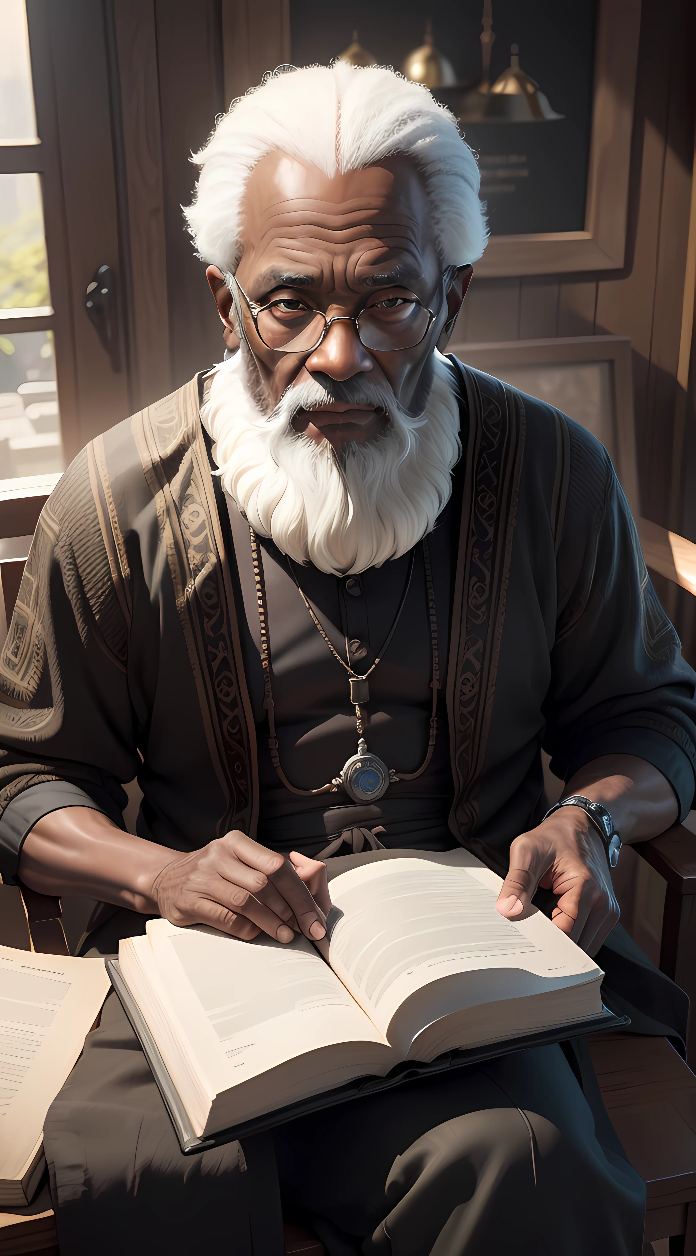 an black old man is sitting in front of an ancient book in the mystery sceen, eyes on the camera, taking a clear image of the old man, Ultra HD, Max Sharpen, 8K, 101K ultra detailed resolution, sf, trending on artstation, focus sharp, studio shot, intricate detail, highly detailed, Ultra Detailed, Ultra HD, Max Sharpen, 8K, 101K ultra detailed resolution, sf, trending on artstation, focus sharp, studio shot, intricate detail, highly detailed