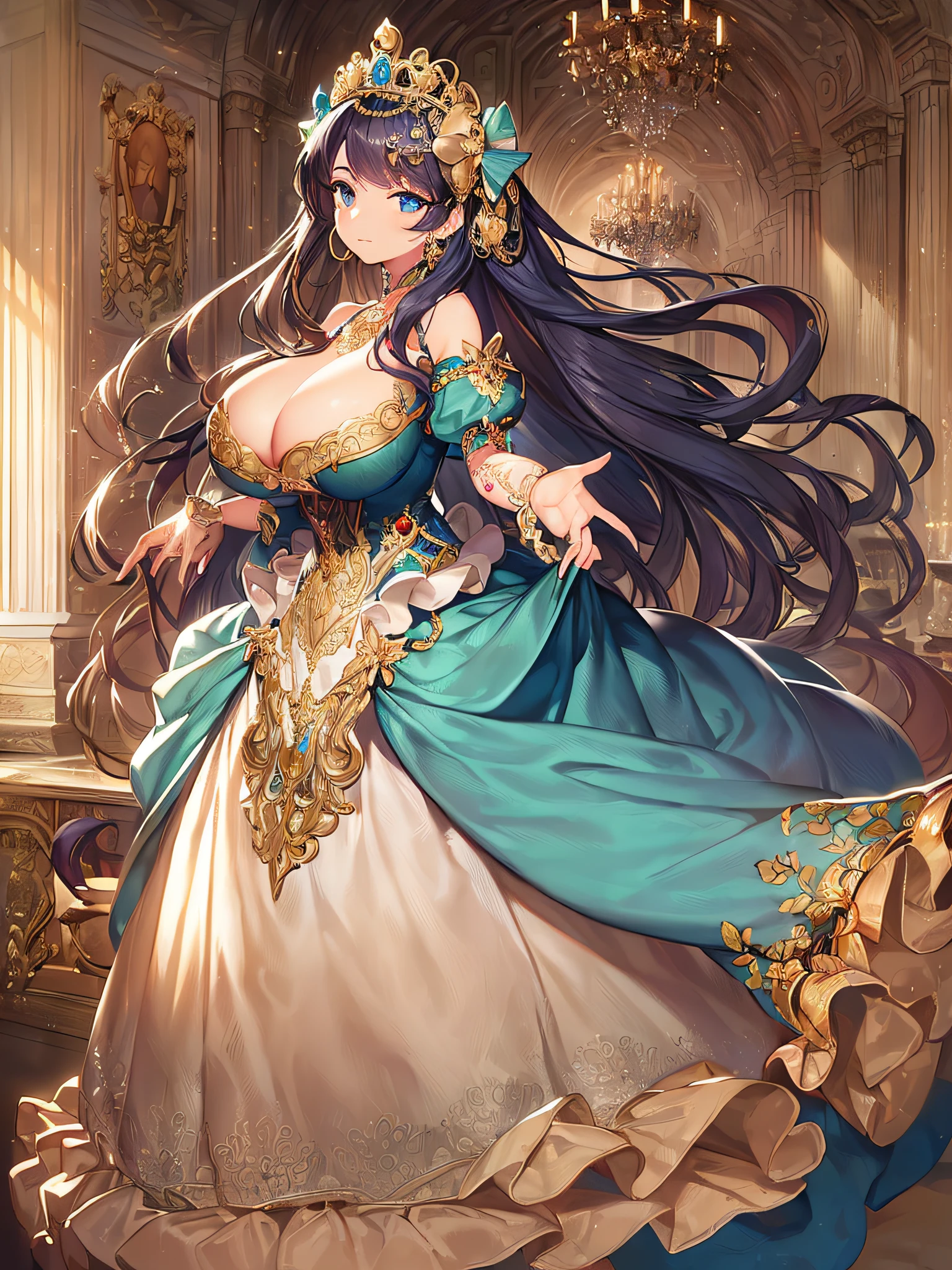 ((anime artstyle)),(Masterpiece),(Best Quality), (Super Detail),((Very Delicate and Beautiful)),((Solo)),((full body)),((1 princess in gorgeousfull rococo dress)),detailed face and eyes,jewel-like eyes,((voluminous Very Long Straight Hair)),((gigantic tits,Long tits)),skindentation,((gorgeousfull embroidery and lace)),gorgeous corsage,See-through,gorgeousfull hair ornament,gorgeousfull glitter jeweled tiara,ornate ruffles,((full body)),((hoop skirt,crinoline)),Dynamic Angle,Looking at viewer,(((gorgeous embroidery gorgeousfull rococo dress)),full body
