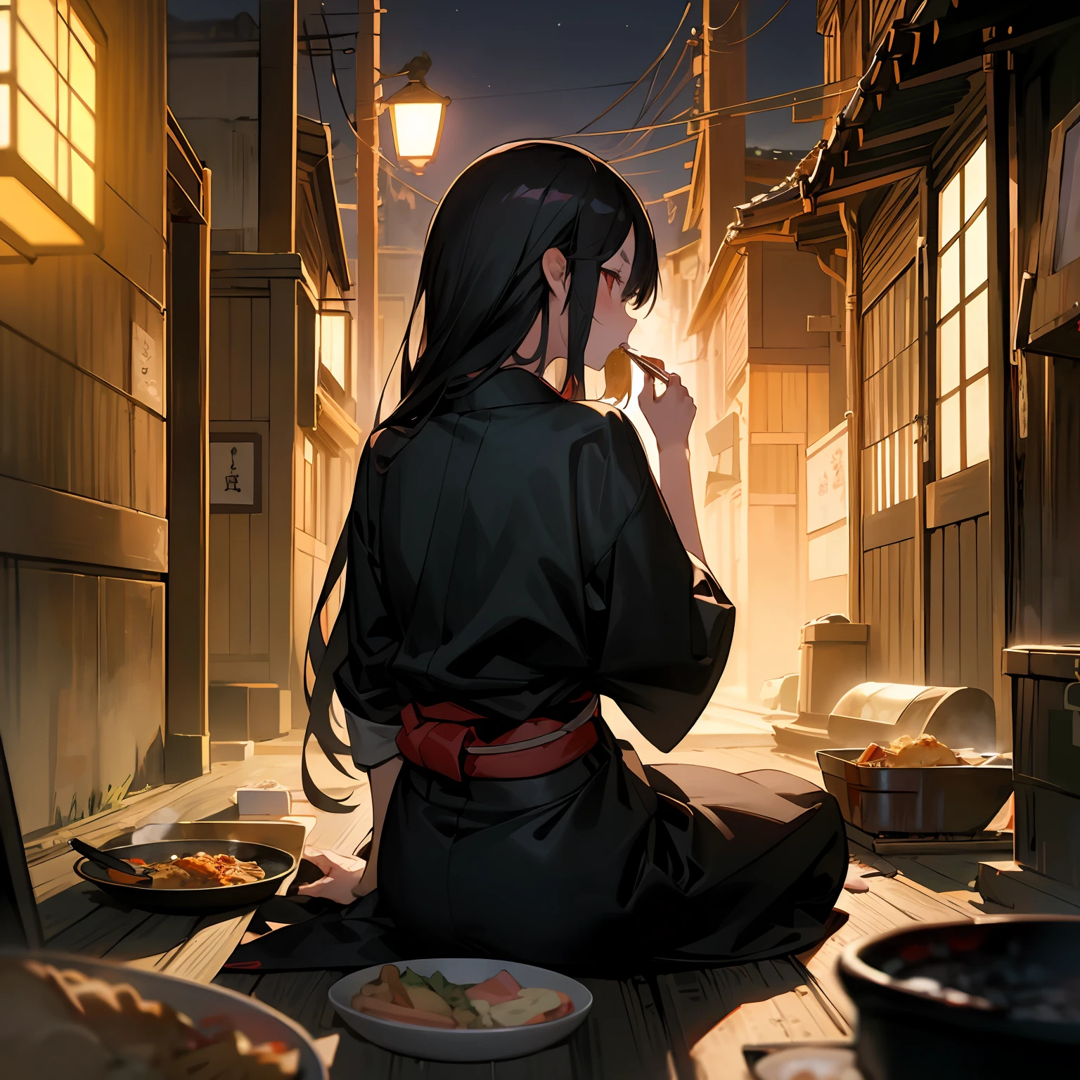 (masterpiece, best quality),(night:1.3),(Back alley in Japan,casserole),1girl,eating,sit on the ground,messy,empty can,black hair,long hair,messy hair,red eyes,black clothes