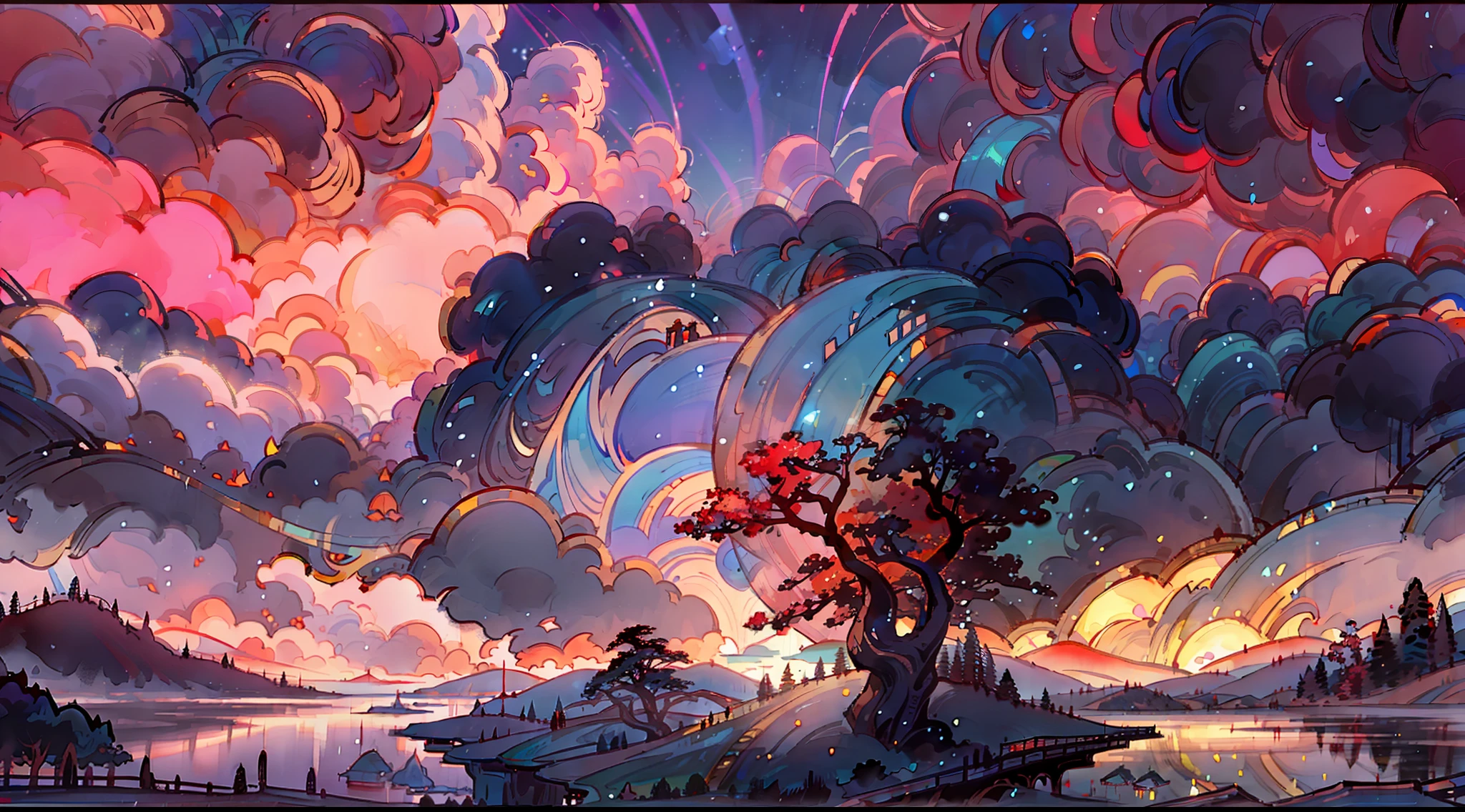 A surreal masterpiece，It presents a beautiful and spectacular view of dusk。Lakes and trees form the background，Accompanied by colorful sunsets and fantastic sky reflections。The beautiful sky blends in with the color of the lake，It's like a flame。This 8K picture creates a fantastic atmosphere，Colorful clouds are suspended in it，Create surreal visual experiences，Ultra-clear 8K，Hyper-detailing