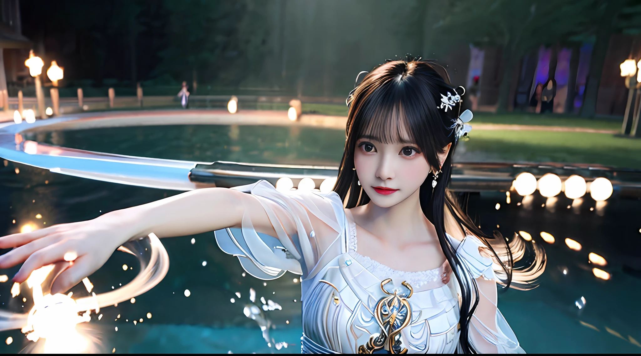 (realisticity: 1.2), best quality,masterpiece,highres,cg,
1girl,weapon,sword,long hair,dress,water,solo,jewelry,white dress,earrings,hair ornament,splashing,upper body,hair bun,black hair,
lighting,candid,Photograph,high resolution,4k,8k,Bokeh,