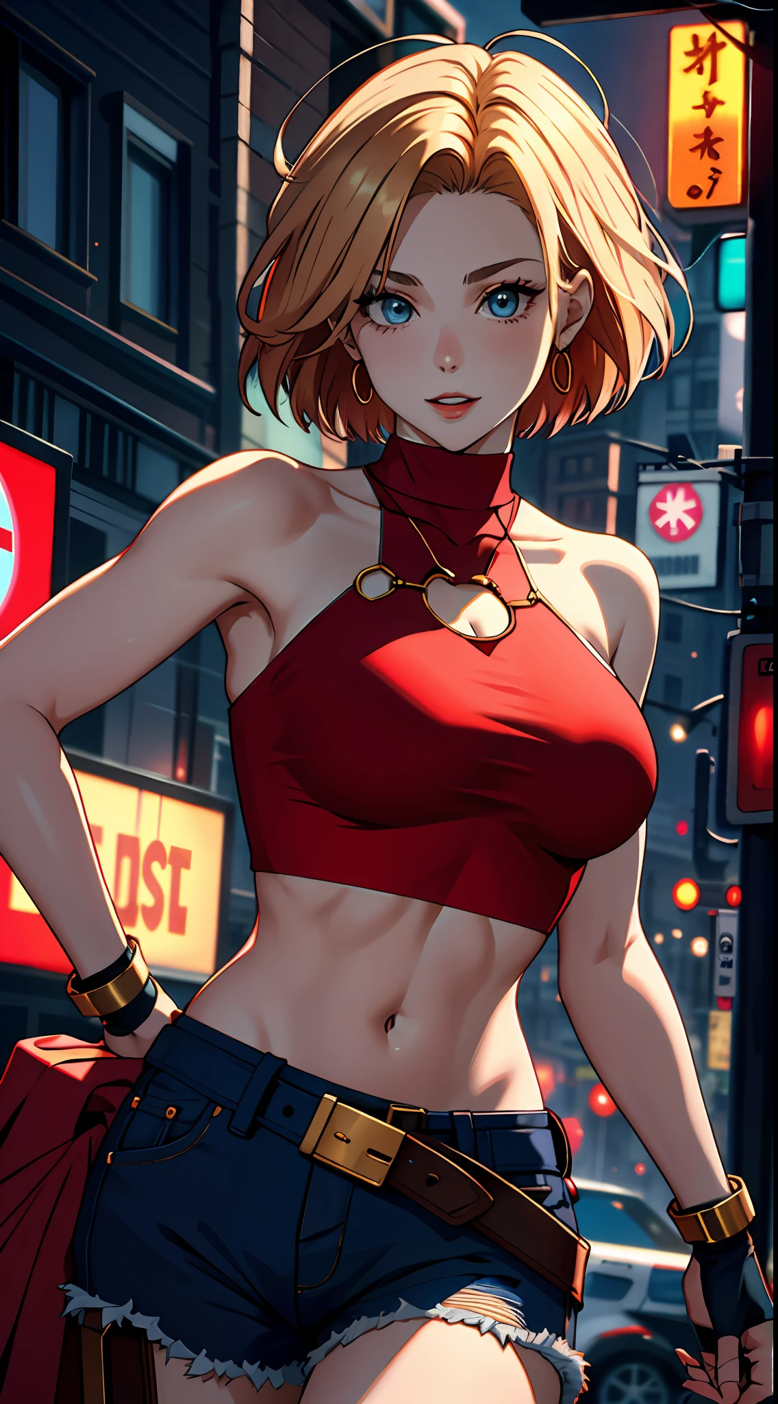 tmasterpiece,, Best quality at best, A high resolution, 1girll,Off-the-shoulder attire，， with short golden hair，Red clothes，mary，hason, Crop top, (Large breasts1.2), nabel，Fighting posture，cyber punk perssonage，City streets