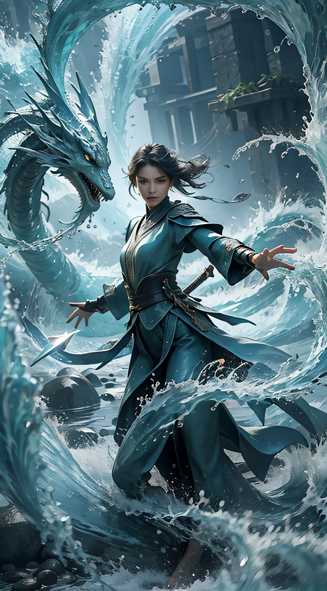 masterpiece,bestquality,Ultra-highresolution,Realistic,(Fidelity:1.4),motionpicturefilm,Filmeffect,Perfectlighteffect,1girl,Beautifulface,Detailsoftheskin,(Realistichands:1.4),(1girl:1.4),fullbody,water,yushui,waves,Waterfullofenergy,Extremewaterdetail,(hand-heldweapon:1.2),(Dagger:1.2),waterdragon,(rainbow-candy:0.7),(style-swirlmagic:0.7),