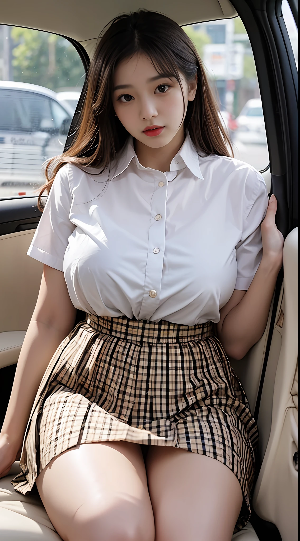 Araki woman in the car，sexy for，Black silk pleated skirt，Tight white shirt，2 2 years old，thicc，She was about 26 years old，Height 170 cm，korean people，Delicate face，realisticlying，Japan goddess，Pale yellow light，very Bigger breasts