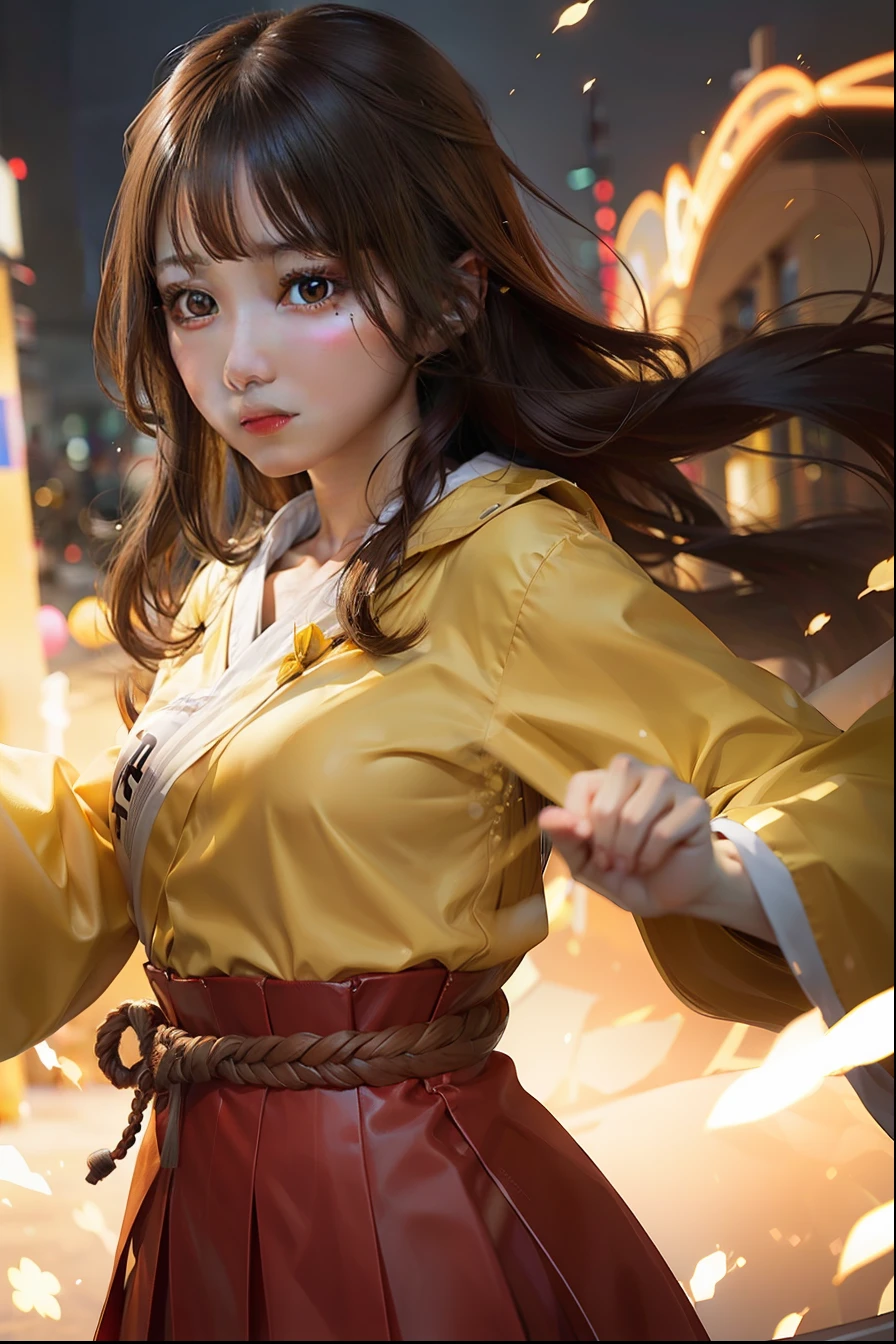 1girl, hyuga hanabi, brown hair, long hair, white eyes, yellow clothes, realistic, ultra detail