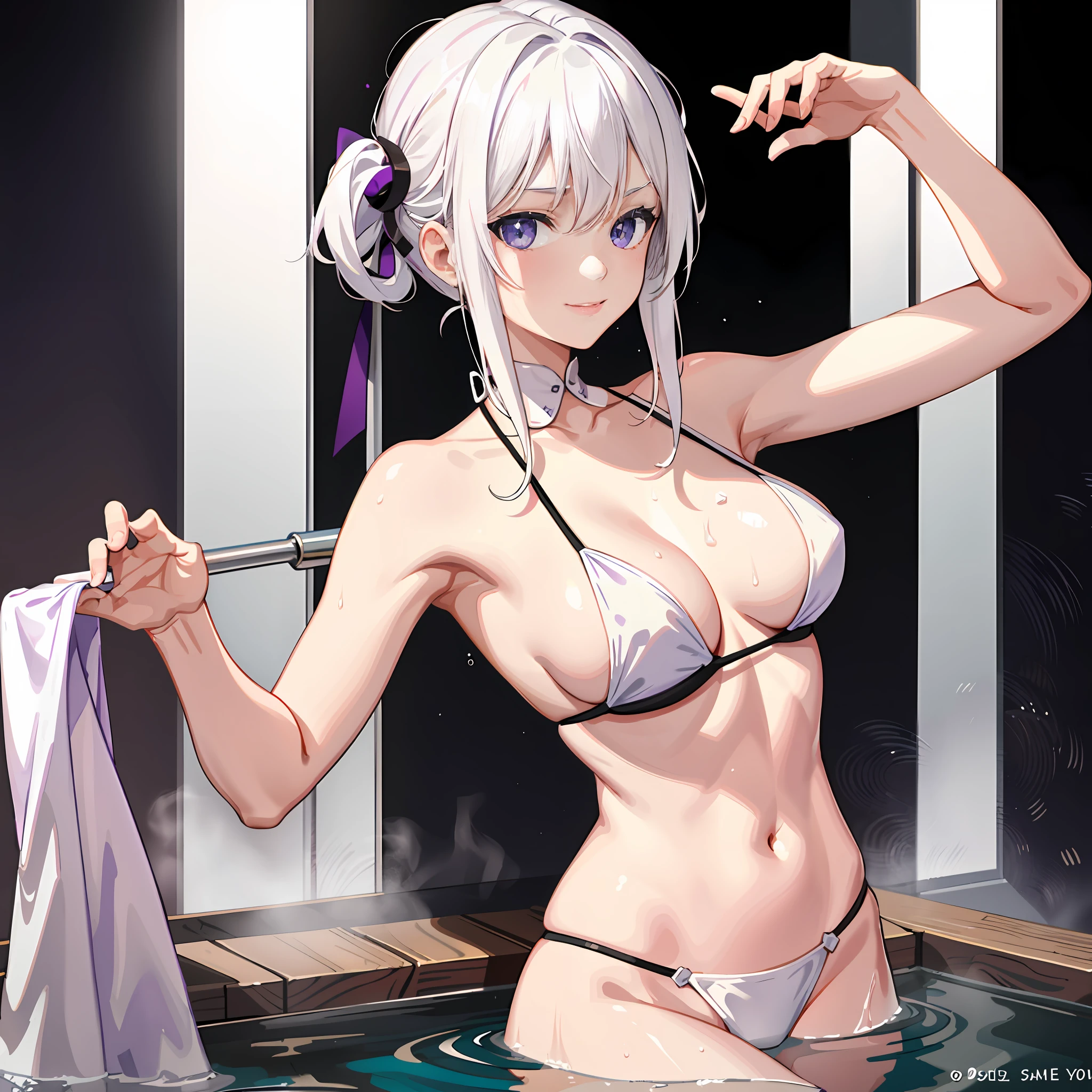 1girl, White hair, Purple eye, ssmile,sportrait, photorealestic, Towels, (onsen), sidelighting, wallpaper, nsfw, (0 after sex.7) High resolution 1080P Wearing a bikini on the upper body, shirtless lower body, feet soaking in the hot spring, ambiguous eyes, looking at the audience