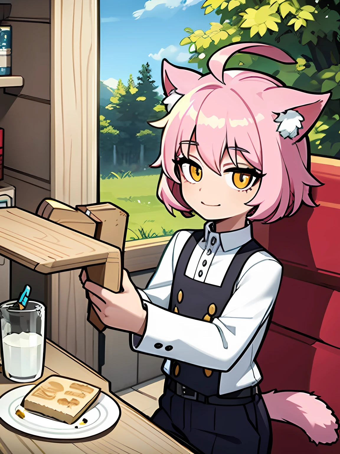 A boy with，cat ear，Cat tail，gentleness，Pink hair，long whitr hair，ssmile