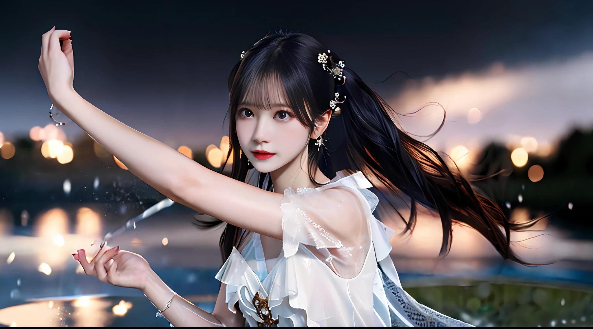 (realisticity: 1.2), best quality,masterpiece,highres,cg,
1girl,weapon,sword,long hair,dress,water,solo,jewelry,white dress,earrings,hair ornament,splashing,upper body,hair bun,black hair,
lighting,candid,Photograph,high resolution,4k,8k,Bokeh,