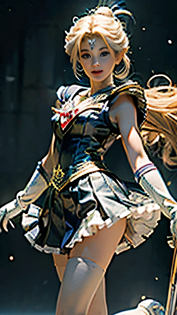 (Extreme detail CG Unity 8K wallpaper, masterpiece, highest quality), (exquisite lighting and shadow, highly dramatic picture, cinematic lens effect), (Sailor Moon: 1.1), charming smile, double tail, blue eyes, blond hair, tight top, white gloves, mini skirt, dynamic pose), the background is the universe (excellent detail, excellent lighting, wide angle), (excellent rendering, enough to stand out in its class),