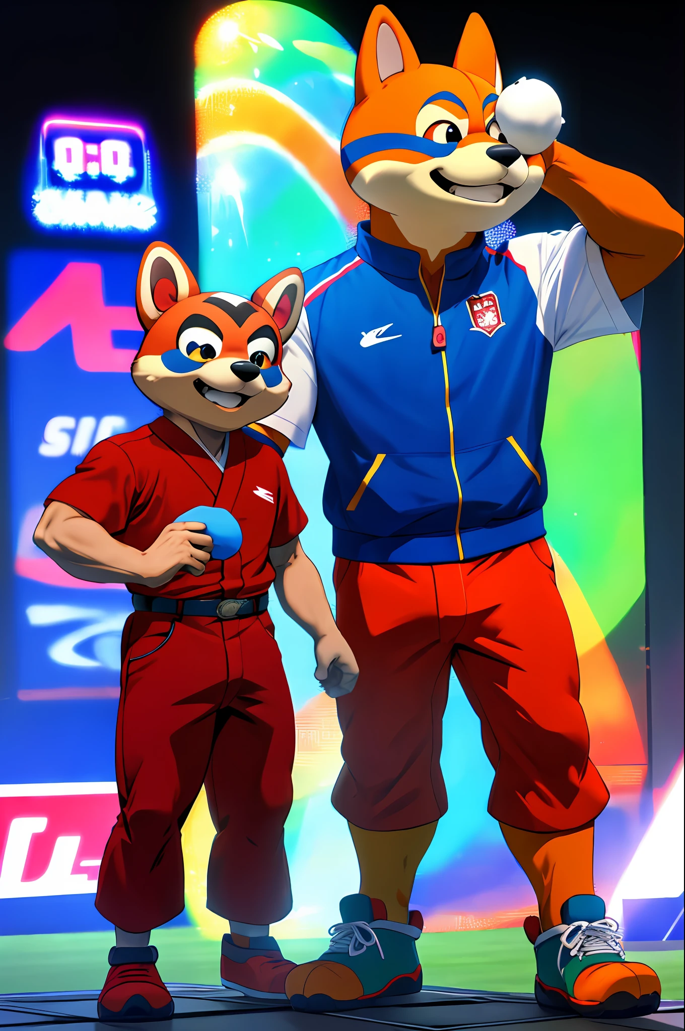 A 3D figure of a boy in a red shirt and blue pants, japanese mascot, sports team mascot, toonix character, sports mascot, full body mascot,football mascot, Anthropomorphic Shiba Inu, anthropomorphic racoon, cute character, busytown, habs mascot youppi pokemon shiny,3Drenderingof,3D modeling,ultra-detailliert,the detail,full bodyesbian,with black background,Light and shadow illumination,Ray traching