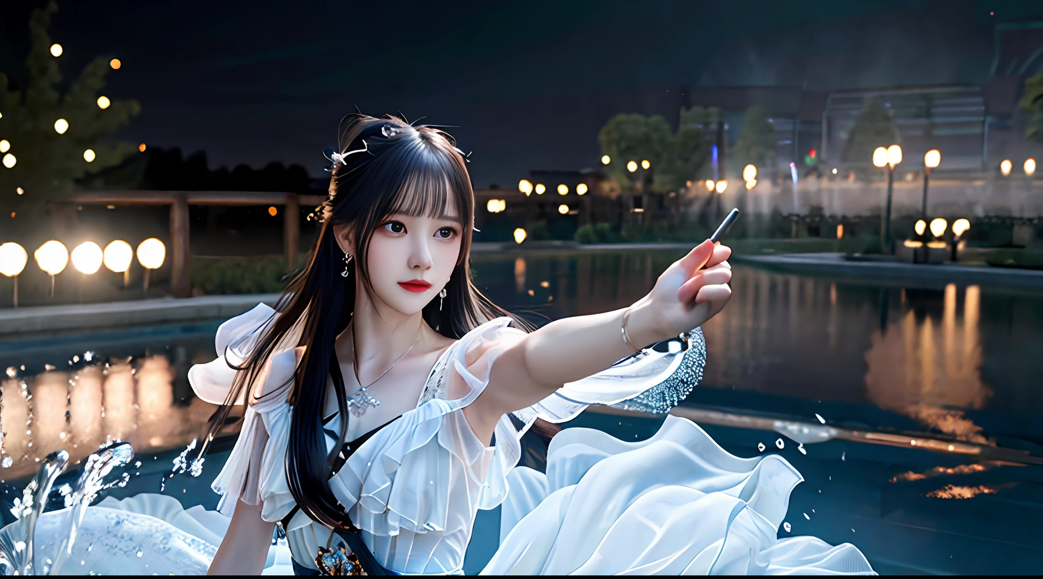 (realisticity: 1.2), best quality,masterpiece,highres,cg,
1girl,weapon,sword,long hair,dress,water,solo,jewelry,white dress,earrings,hair ornament,splashing,upper body,hair bun,black hair,
lighting,candid,Photograph,high resolution,4k,8k,Bokeh,