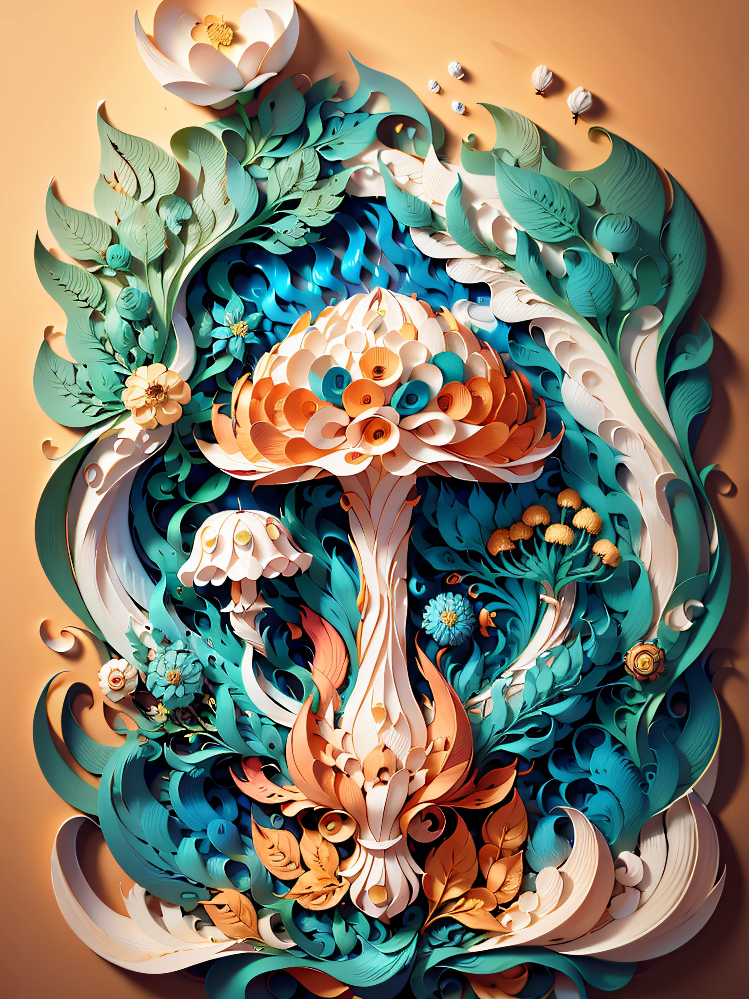 (((Masterpiece))),Best quality, illustration, paper quilling paper mushrooms detailed complex pattern