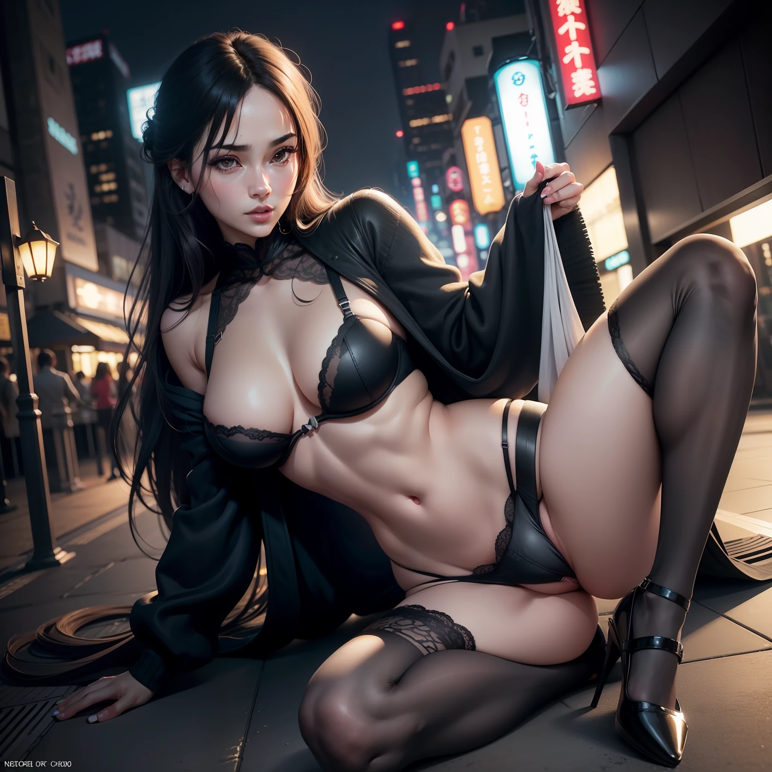 (8k, RAW photo, best quality, masterpiece: 1.2), (realistic, photorealistic: 1.37), 1 girl, Japan, 32 years old, female, Tokyo cityscape, night, professional lighting, photon mapping, radiosity, ripped, big, pure white and very small knitted with protruding tips, areola protruding, pubic shape clearly visible, gal, lots of lashes , Lame on the eyelids, pitch black lip, pitch black heels, pubic hair, lower abdomen bristles, slender, crotch open, are large and likely to spill out of the bra, pubic hair is very large, pubic hair is very protruding,