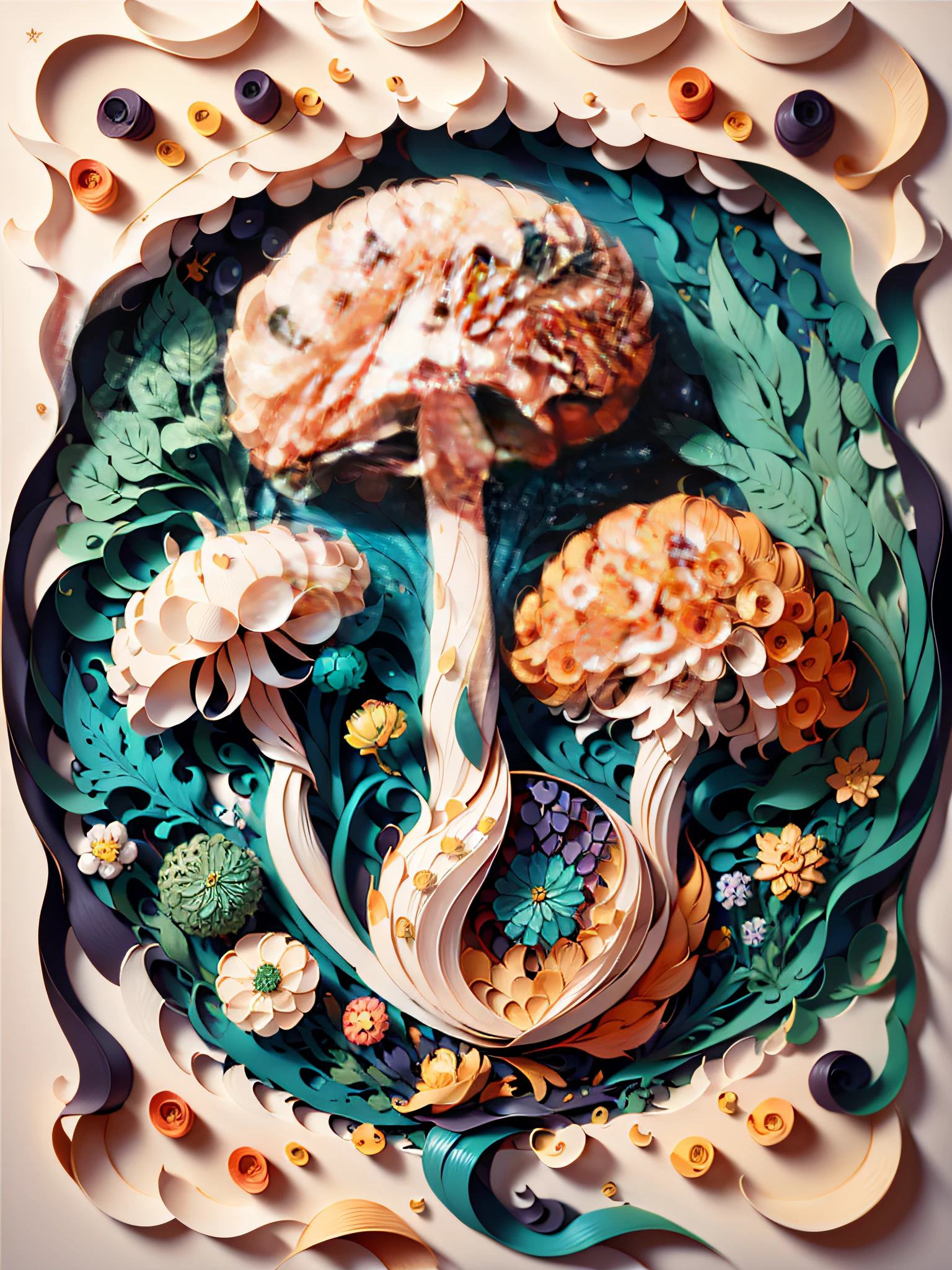 (((Masterpiece))),Best quality, illustration, paper quilling paper mushrooms  detailed complex pattern